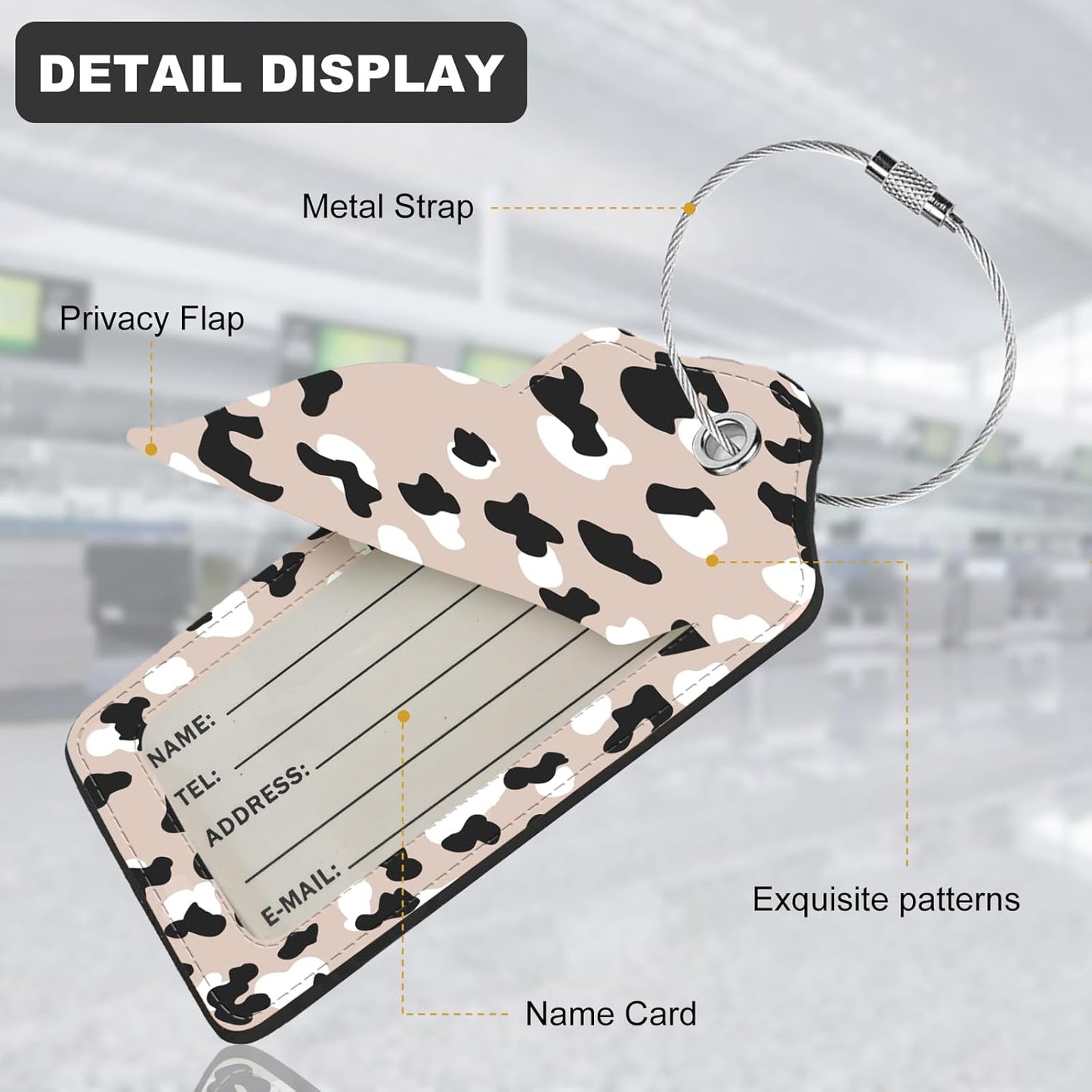2Pack Luggage Tags for Suitcases, Cute Unique Pu Leather Cruise Luggage Tag with Privacy Cover ID Label Address Card and Metal Ring Suitable for Women Men Kids Travel Bag Beige Black Leopard