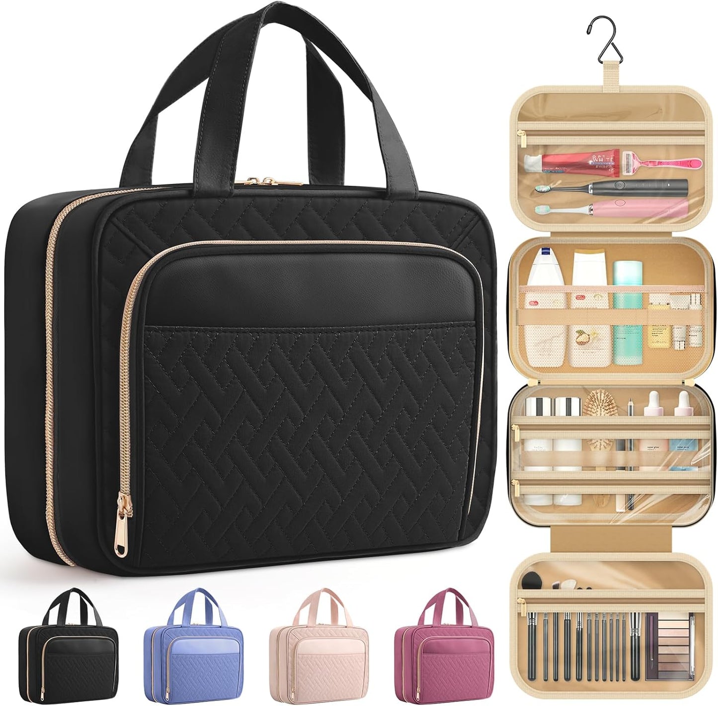 HOTOR Travel Toiletry Bag for Women & Men, Waterproof Makeup Bag with Hanging Hook and Multiple Pockets, Cosmetic Bags for Women, Travel Essentials, 11.2'' x 3.2'' x 8.9'', Black