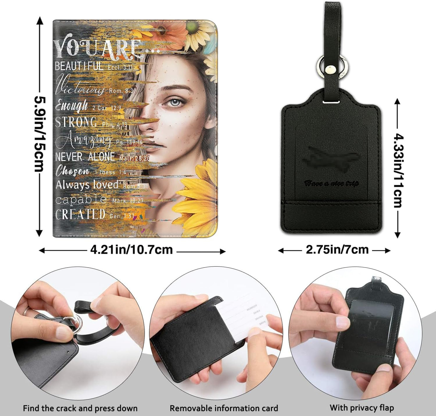 Passport Holder Women Wallet with Luggage Tag, Leather Passport Cover with RFID Blocking, Travel Accessories Multi Card Slot Passport Case for Men，Sunflower Girl Inspirational Quotes