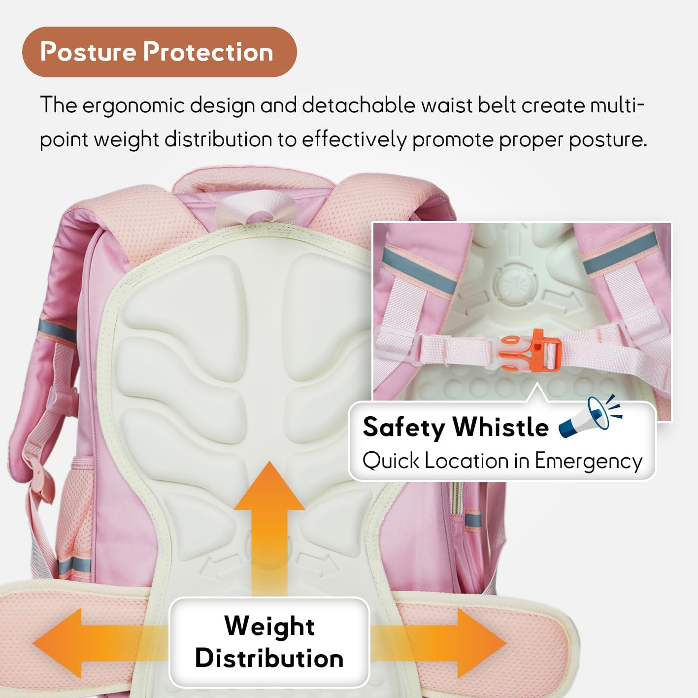 Kids Backpack for Kids, Lightweight Waterproof Pink White Backpack for School, Kindergarten Elementary School Students Boys & Girls Backpack with Safety Whistle and Includes a Detachable Waist Belt