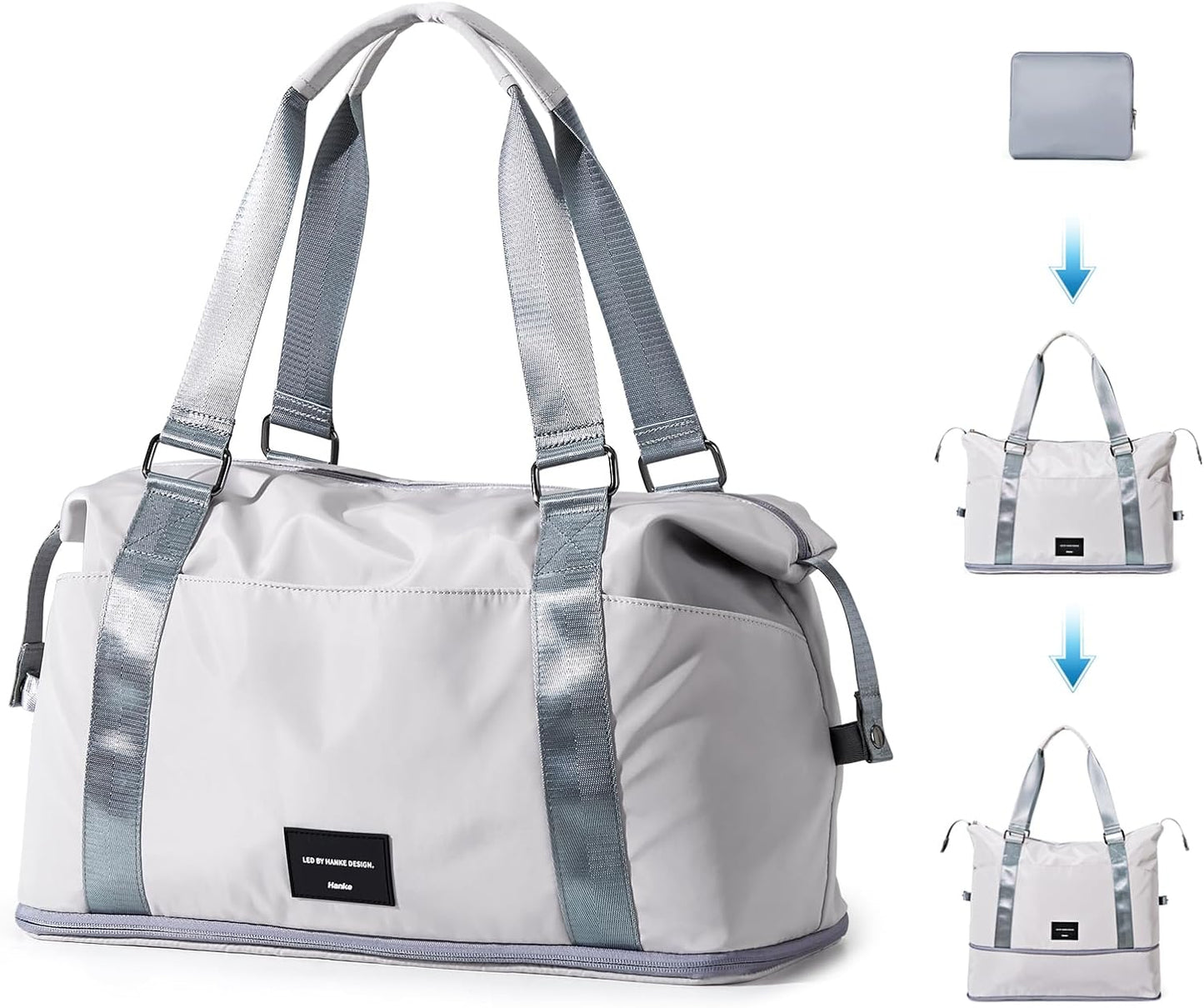 Hanke Expandable Travel Tote Bag 39L, Foldable Duffle Bag for Travel, Carry On Weekend Bags for Women With Multiple Pockets（Dune Grey）