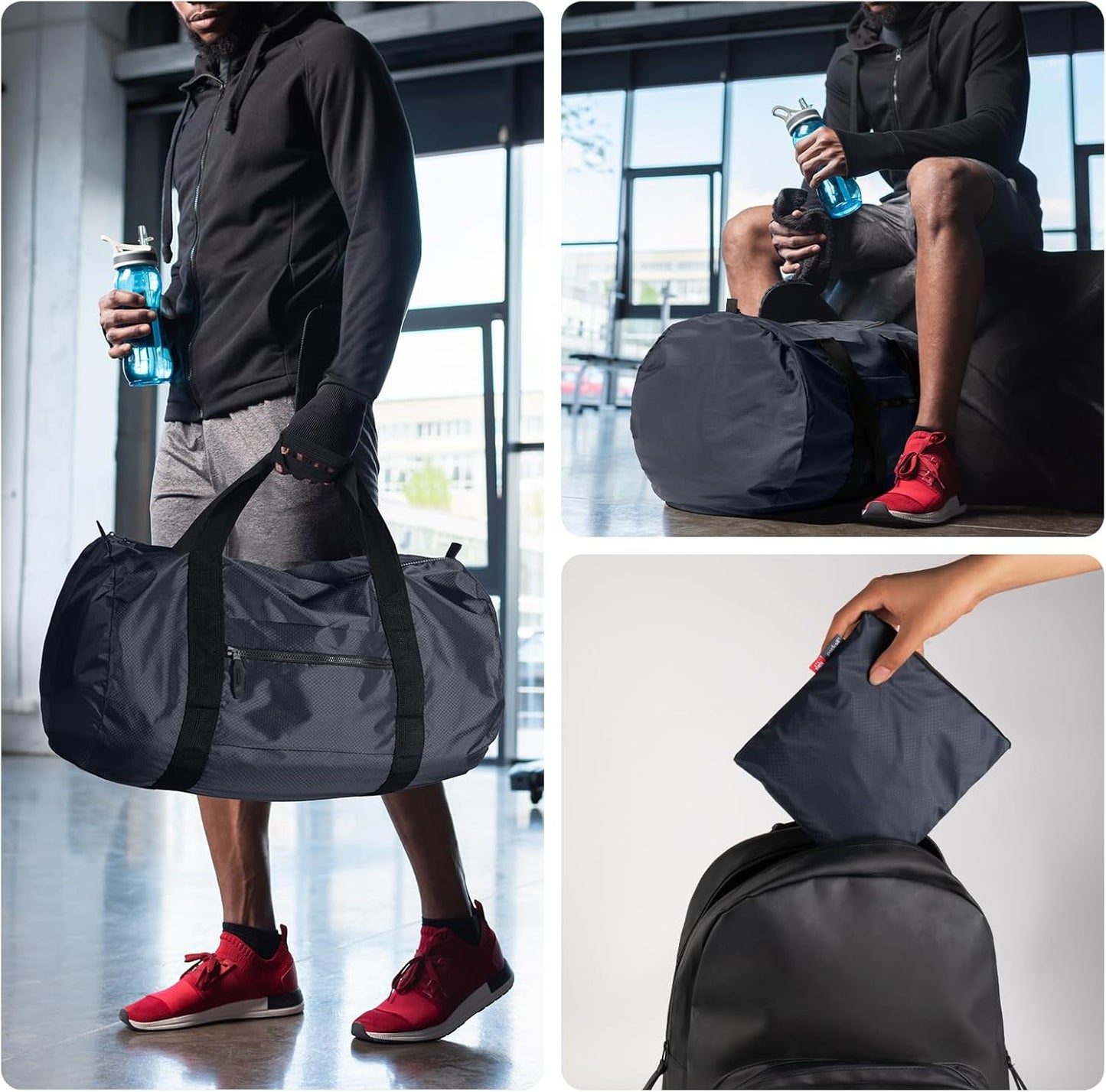 pack all 45L Foldable Duffel Bag, Water-Resistant Sports Gym Bag, Portable Weekender Bag Lightweight for Travel, Fitness and Camping (Navy Blue)