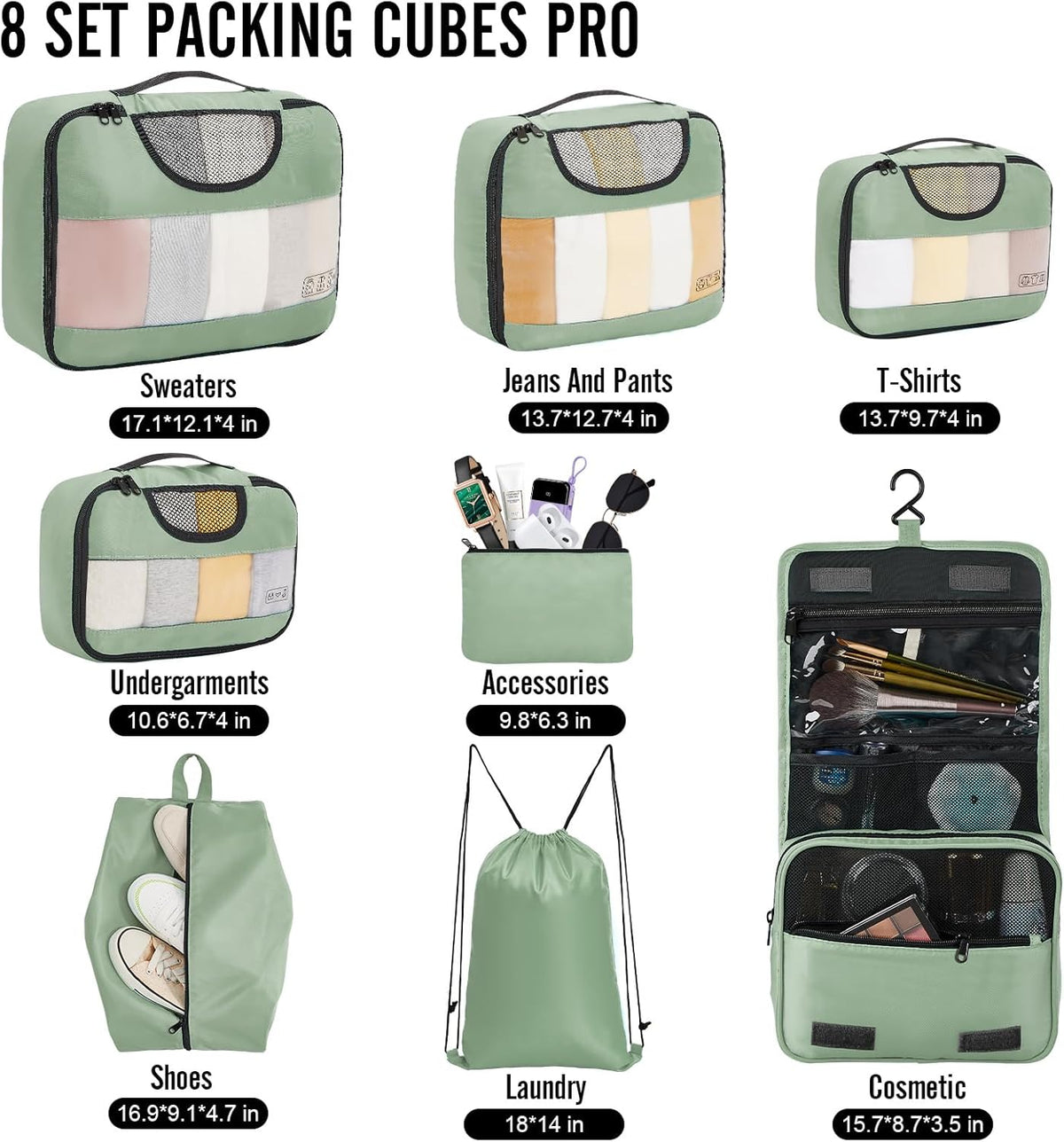 Veken 8 Set Packing Cubes for Travel Essentials, Suitcase Organizer Bags in 4 Sizes, Carry-On