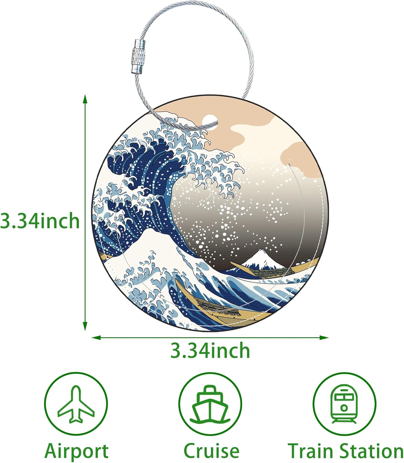 Round Cute Luggage Tags 2 Pack The Great Wave Creative Baggage Tags,Cruise Travel Baggage Suitcases Tag with Stainless Steel Loop ID Tag Privacy Flap