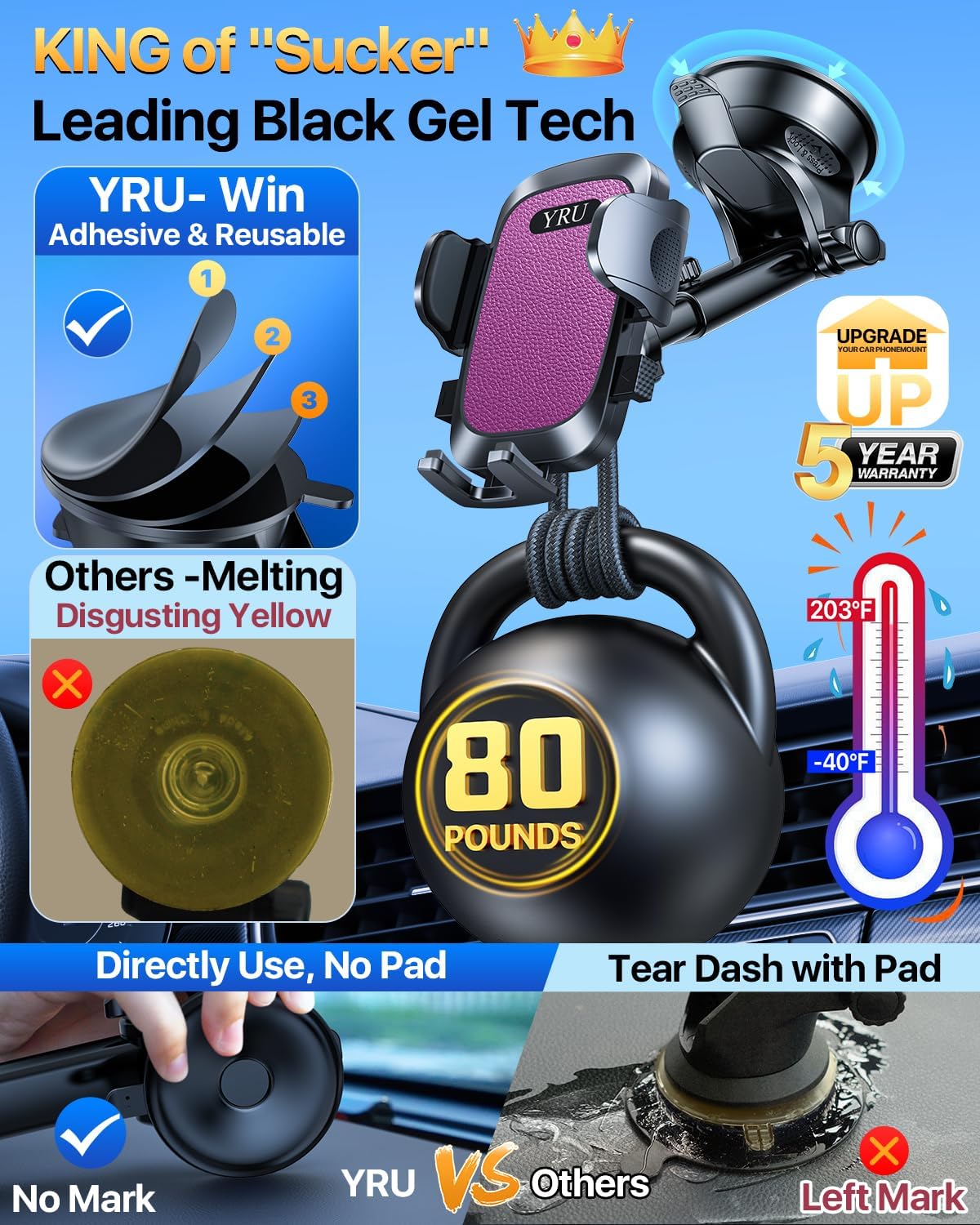 YRU [True Upgrade for Safety] Car Phone Holder Mount [Patent & Military-Grade] Dashboard Cell Phone Holder for Car Vent Windshield Phone Stand for iPhone 17 16 15 14 13 Pro Max Truck Samsung, Purple