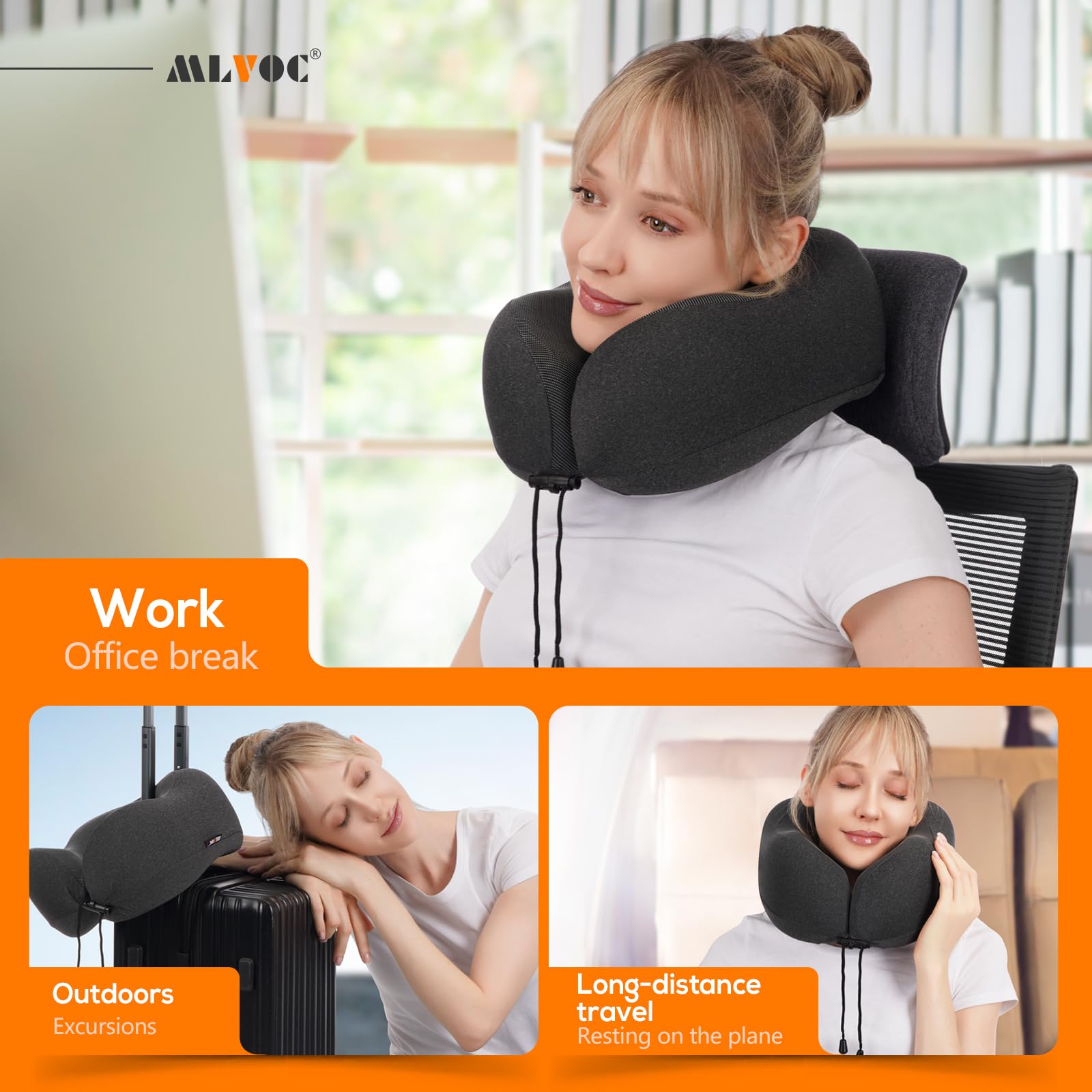 MLVOC Airplane Travel Neck Pillow for Sleeping, 3D-Eye Mask & Earplugs Kit