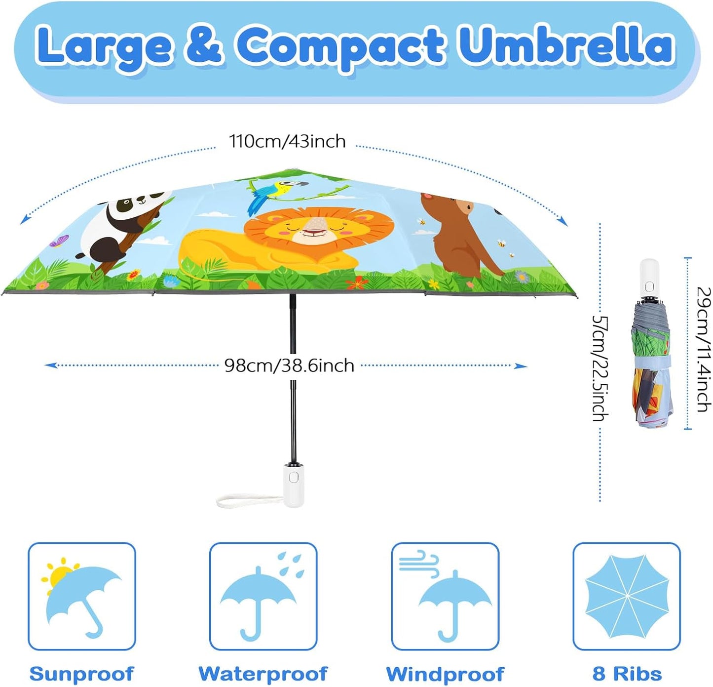 Autoamtic Kids Umbrella UV Resistant, Folding Compact Umbrella 360° Reflective Strip for Travel Outdoor, Lightweight Cute Kids Parasol Anti-rebound Safe for Toddler