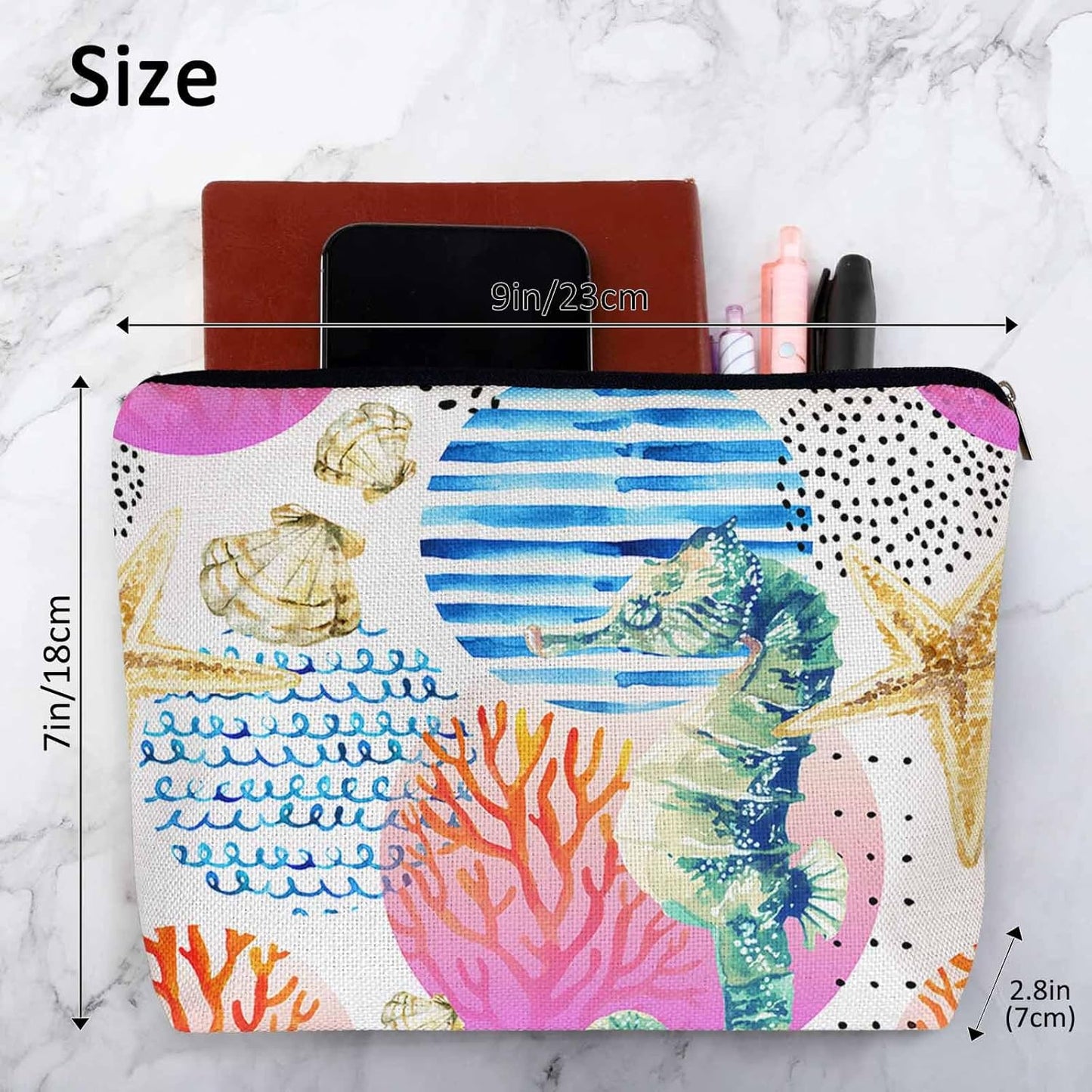 Makeup Bag Seahorse Makeup Bags For Purse Pouch, Sea Animal Coral Reef Seashell Seahorses Travel Toiletry Bag Cosmetic Bag Makeup Bags Flax Makeup Organizer Bag Pencil Pouch For Man Woman