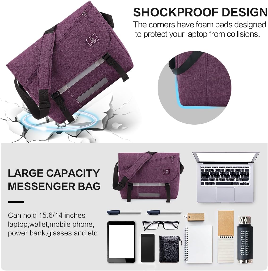 OIWAS Messenger Bag for Women, 14 Inch Laptop Crossbody Bags Men Casual Satchel Shoulder Bag College Travel Office Briefcase