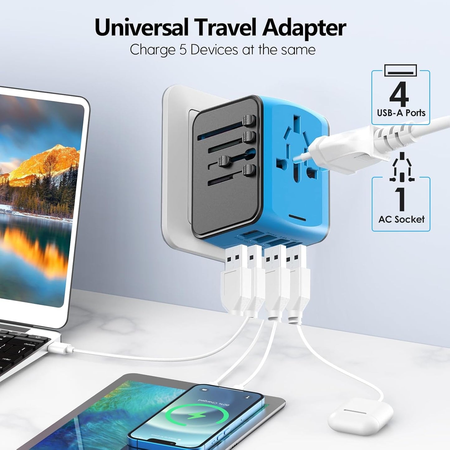 JMFONE Universal Travel Adapter, 4 USB(Type A) Ports & AC Outlet, International Power Plug Adapter All in One Perfect for European, US, EU, UK, AU 200+ Countries - Not a Voltage Converter