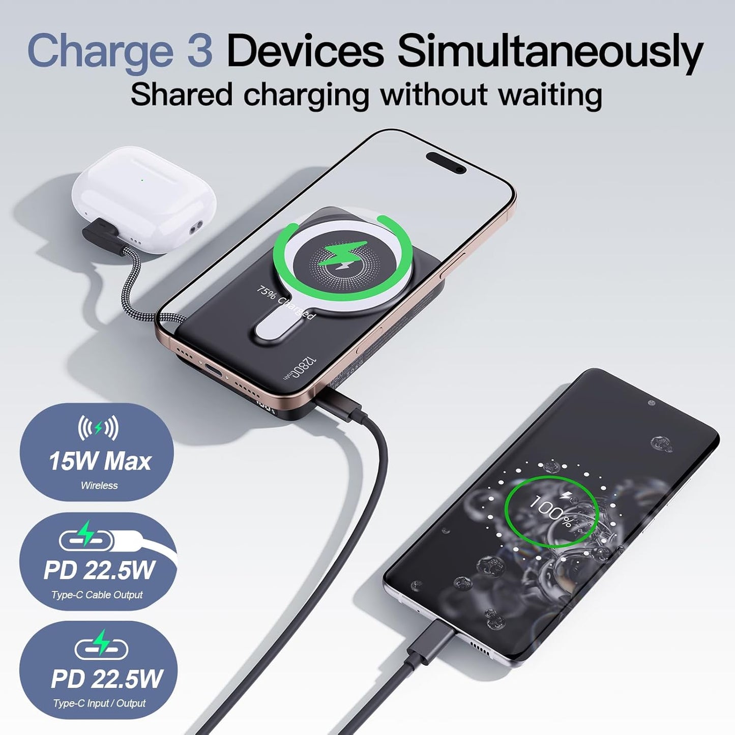 2025 Updated M3 Ultra Slim 0.4'' Wireless Power Bank, 12800mAh Magnetic Portable Charger with Built in Cable and Strap, LED Battery Pack Travel Essentials for iPhone 16/15/14/13/12/Pro/Pro Max Andriod