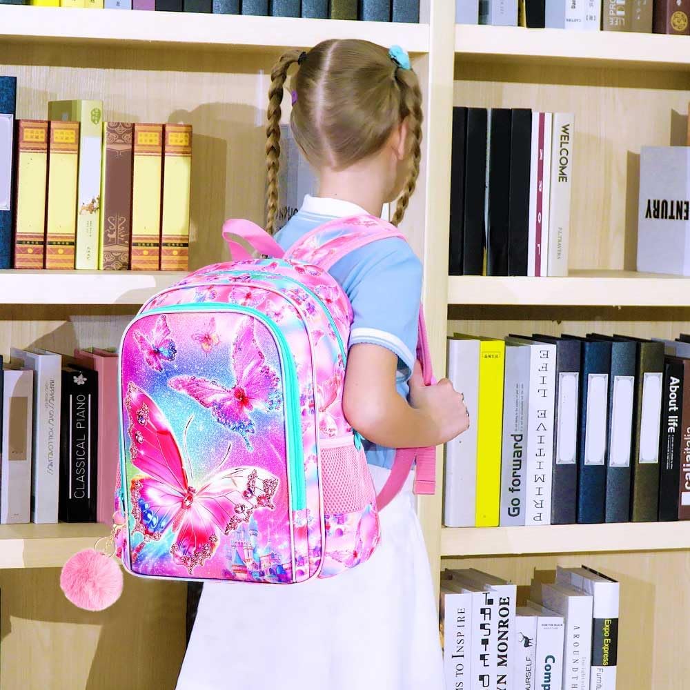 KLFVB 3PCS Butterfly Backpack for Girls, Water Resistant Kids Bookbag with Lunch Box, 16" Preschool Backpacks for Elementary - Butterfly Pink