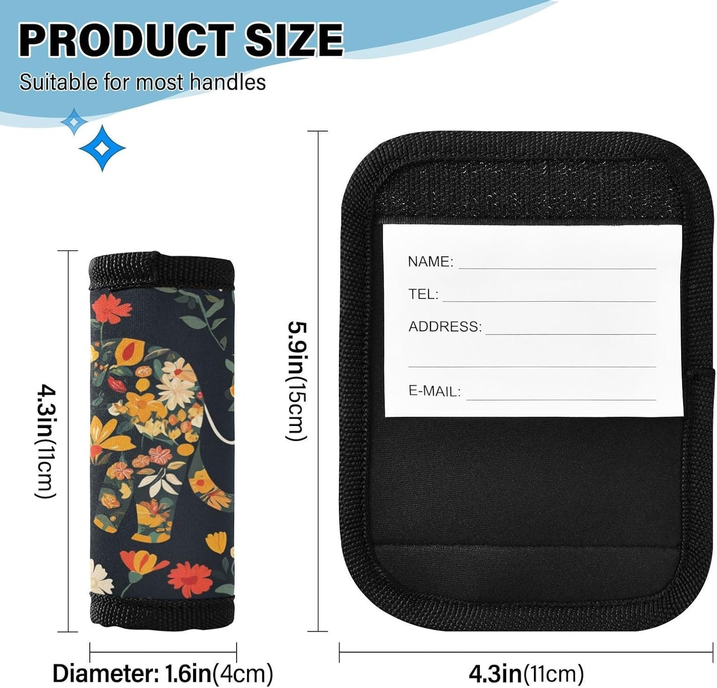 Floral Elephants Retro Black 2 Pack Luggage Handle Wraps Covers for Suitcase Identifiers Bag Tags Travel Accessories