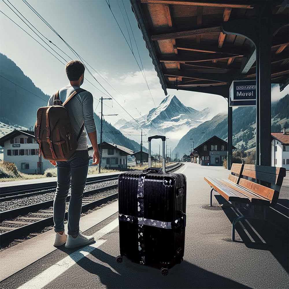Teeoff Luggage Straps Suitcase Belts Travel Bag Accessories Adjustable 220CM (Sakura Black White - 2 Pack)