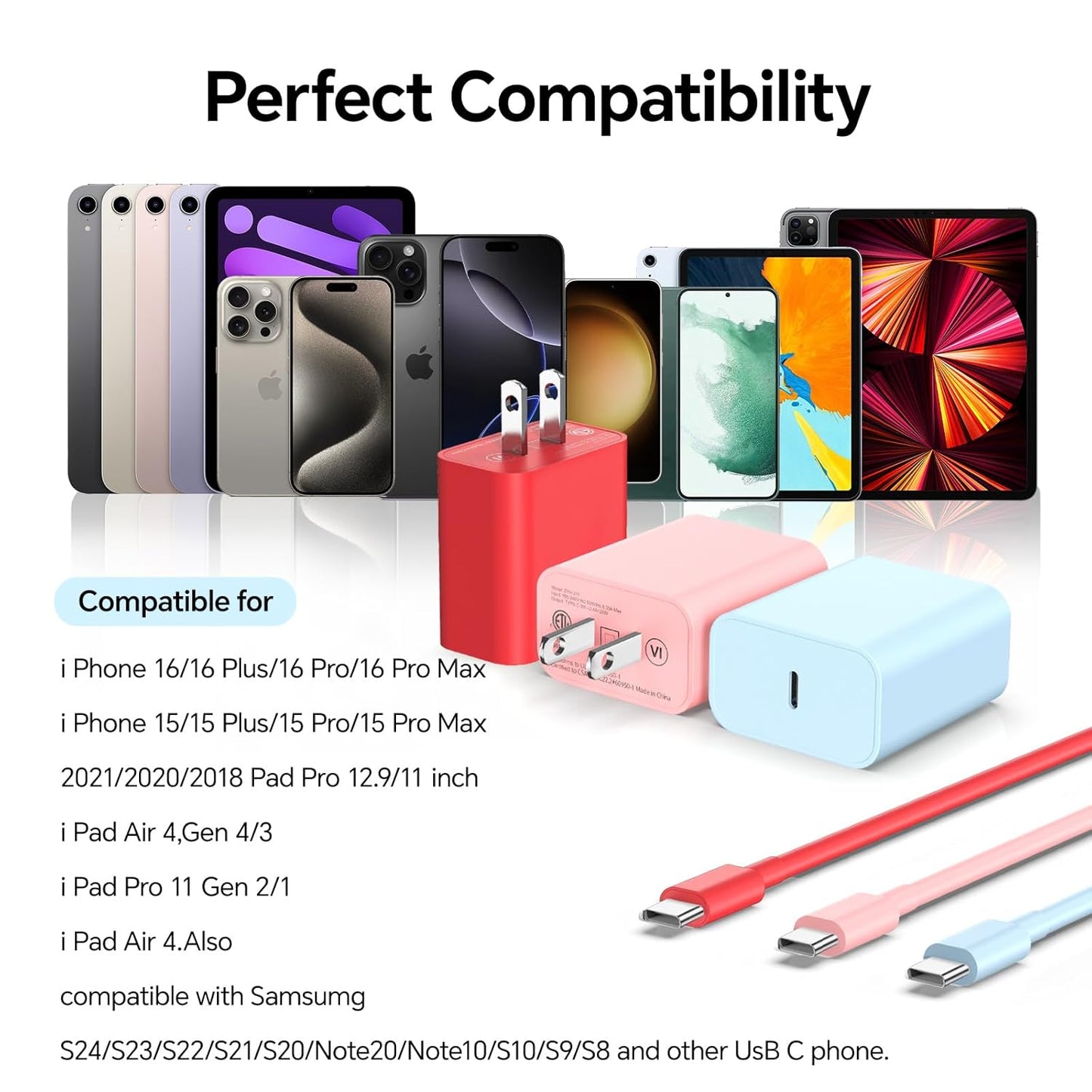 Compatible with iPhone16/15 Charger Fast Charging, 3 Pack 20W USB C Colorful Charger Block with 10 FT USB-C to C Cable for Phone16 15 Pro/Plus/Pro Max,Pad Pro 12.9/11 inch,Pad Air 5th-Blue/Pink/Red