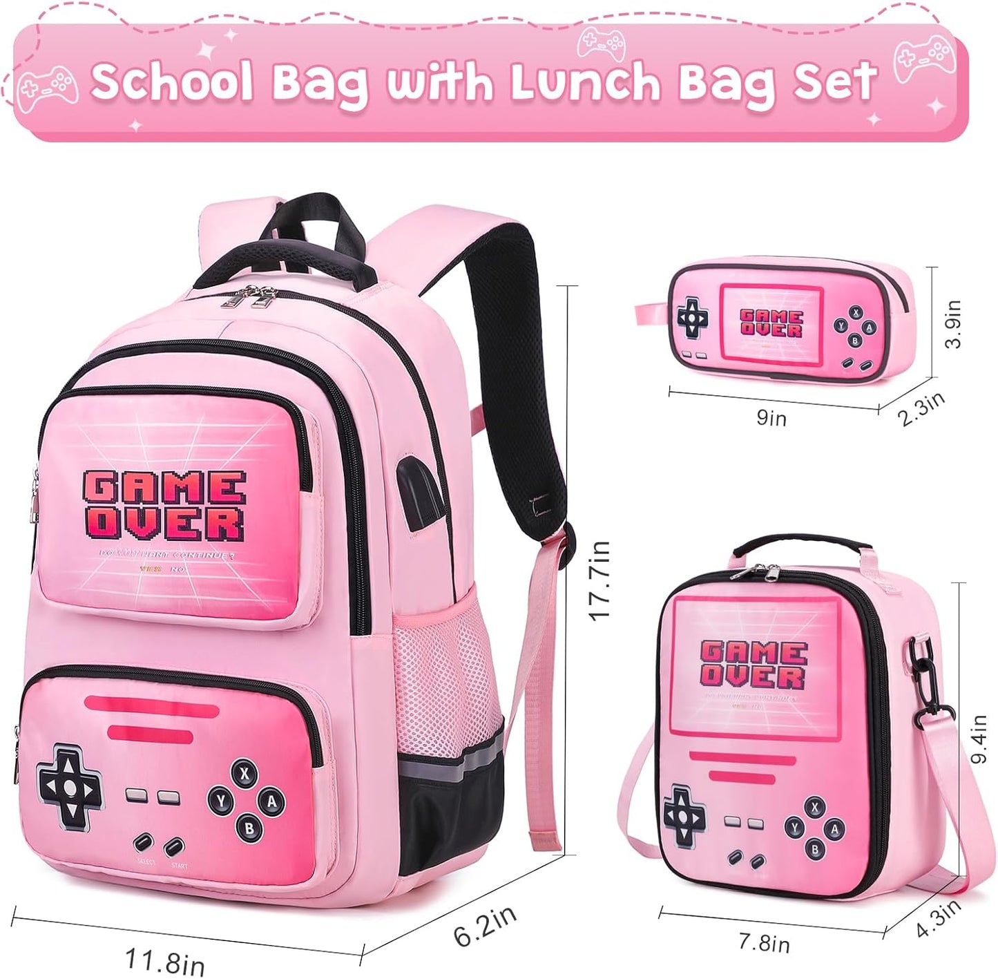 Gamer Backpack for Girls - Cool Luminous School Backpacks for Girl with Lunch Bag Pencil Case - Kids Girls Backpack Elementary Middle School Book Bags for Teen with USB Charging Port (Pink