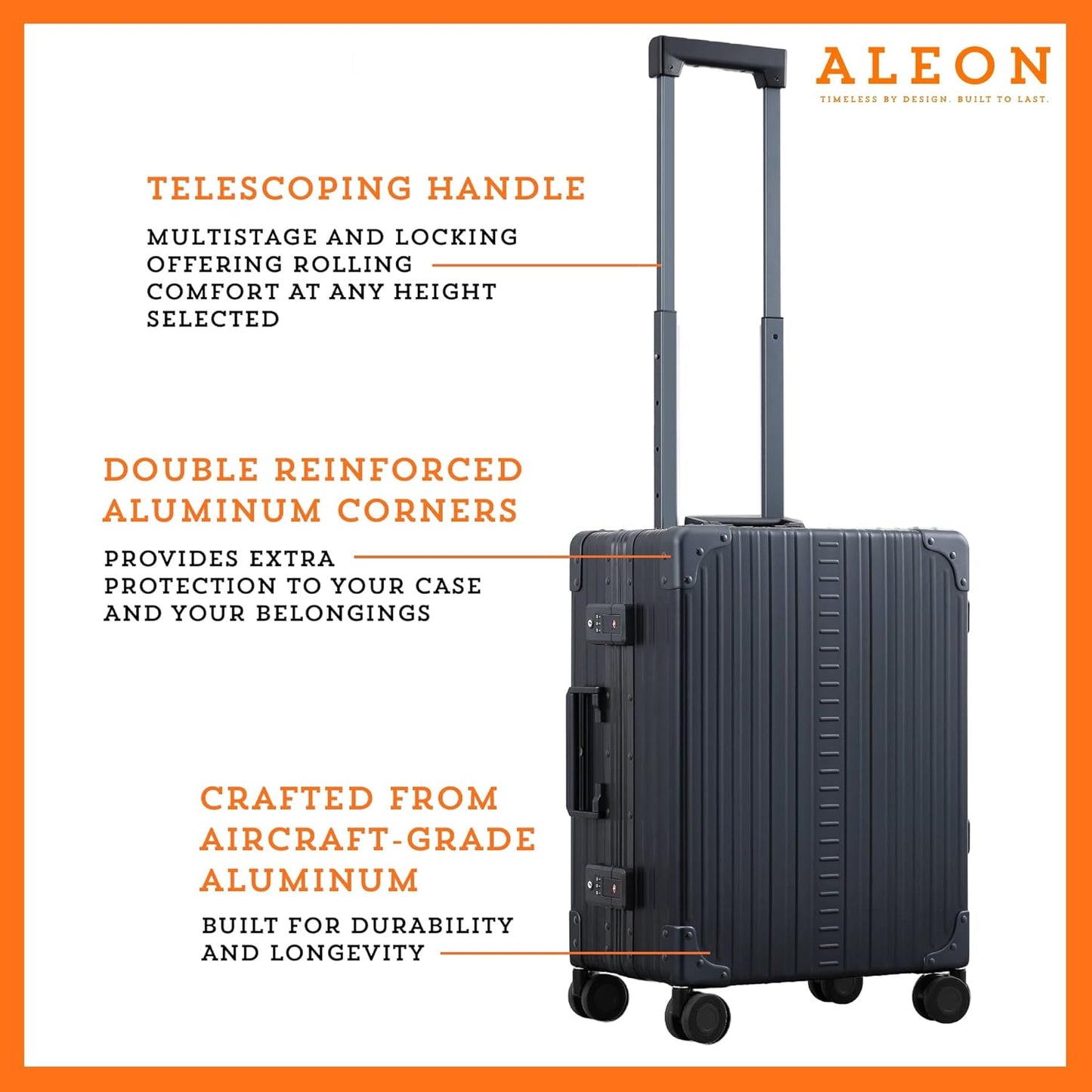 Aleon All Aluminum Lightweight Carry-On Luggage - Hardside Carry-On Suitcase, TSA Approved, Hard Shell Suitcase for Travel, Airline Approved 21 Inch Hard Spinner Wheels Luggage (Onyx)