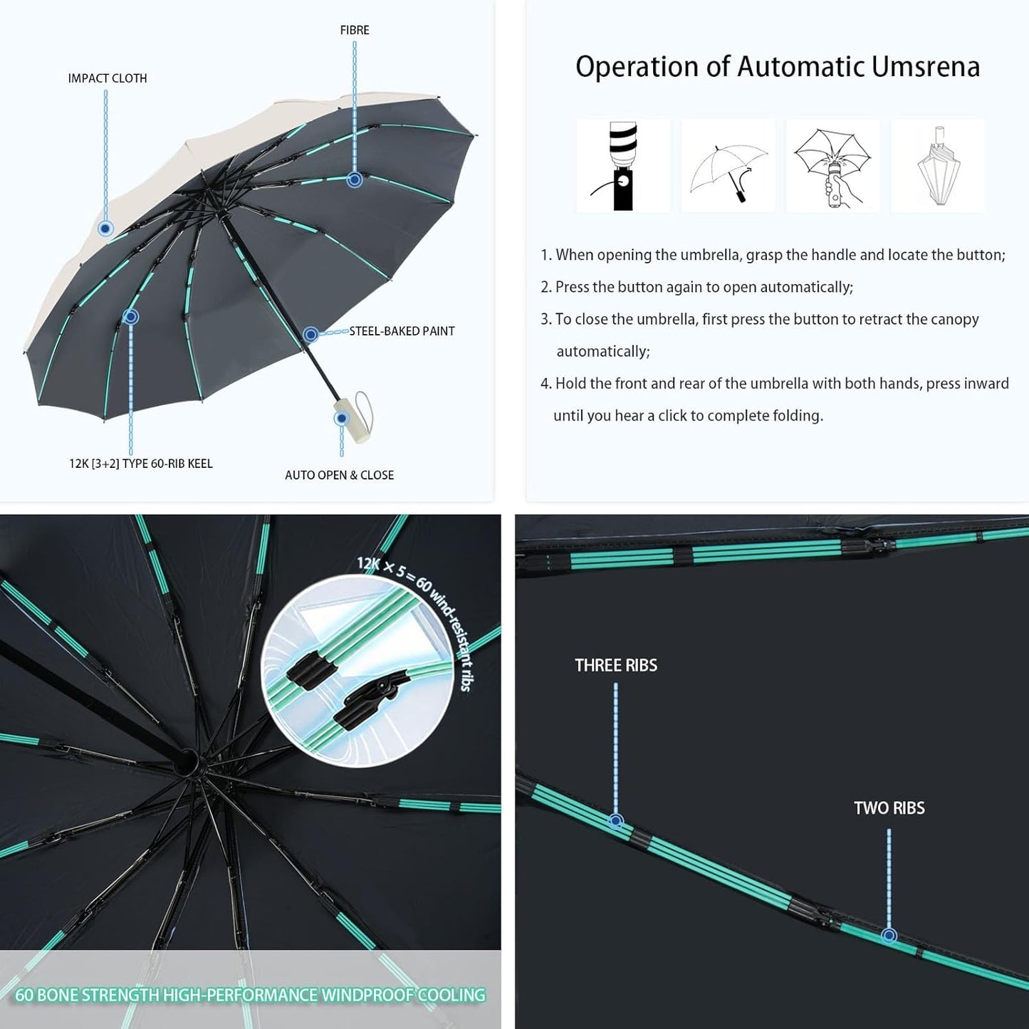 Large Automatic Umbrella - Windproof Travel Compact Folding Umbrella with Automatic Open & Close for Men and Women -creamy-black