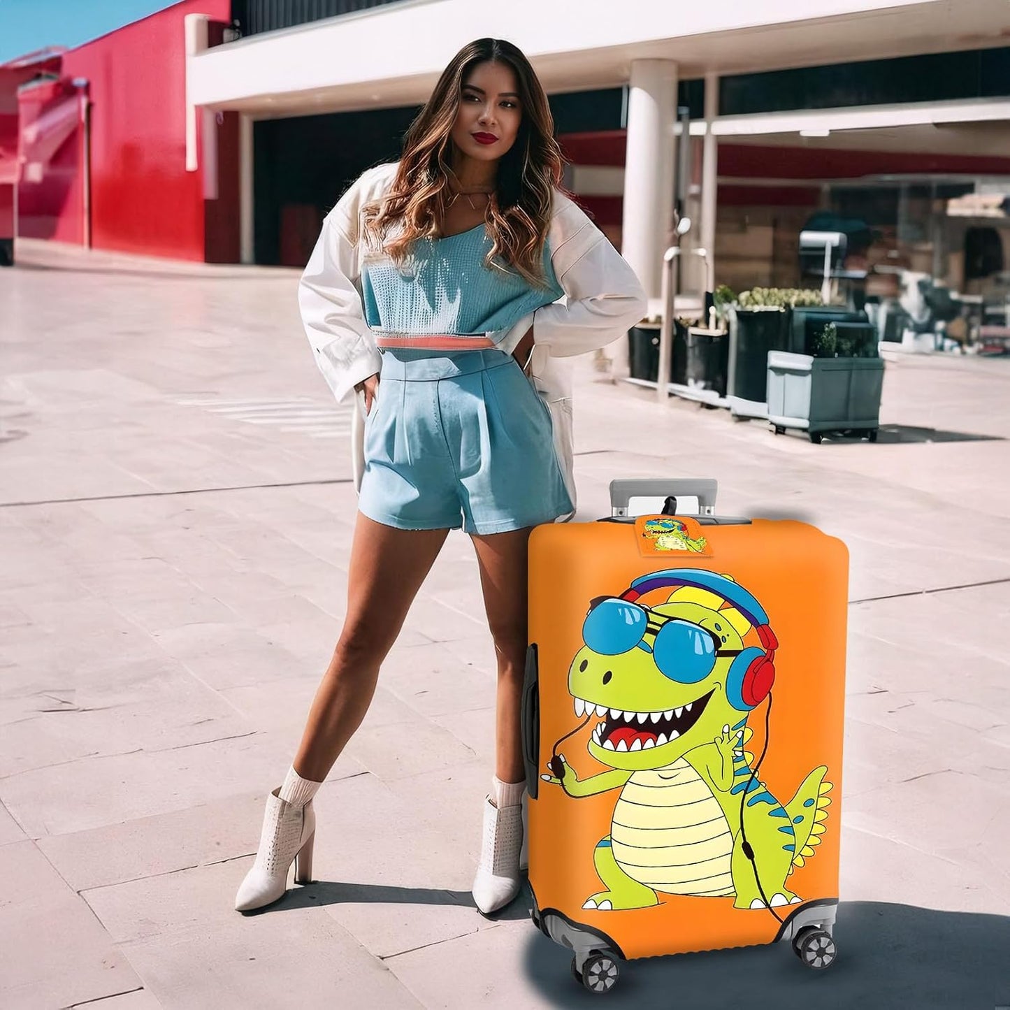 Travel Luggage Cover, Dinosaur Theme Suitcase Cover Accessory Kit, Luggage Tag, Handle Wrap, Washable Suitcase Protector (25-28 inch, Green)