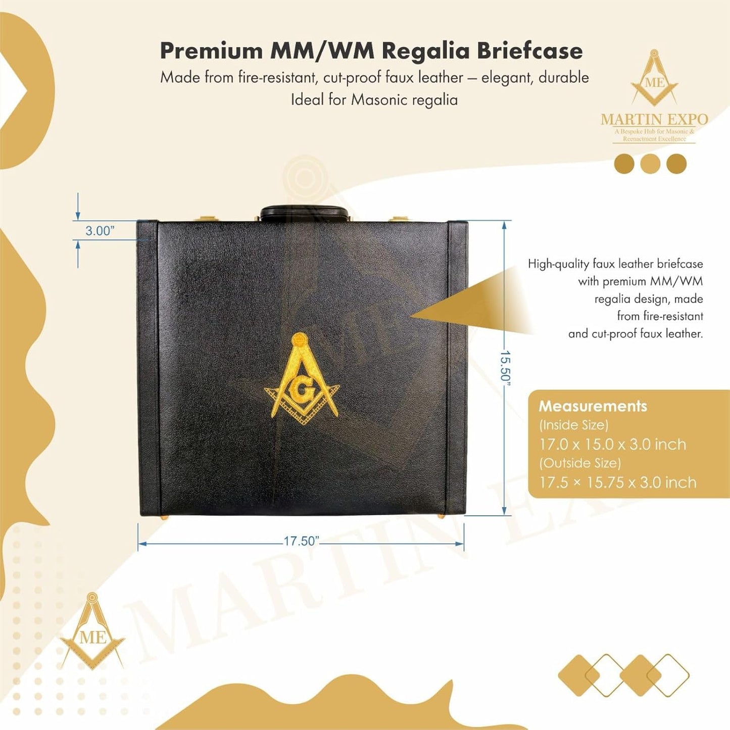 Masonic MM/WM Apron Hard Briefcase, Square Compass G Emblem – Freemason Bags & Cases 17.5'' 15.5'' 3'' (Inches)