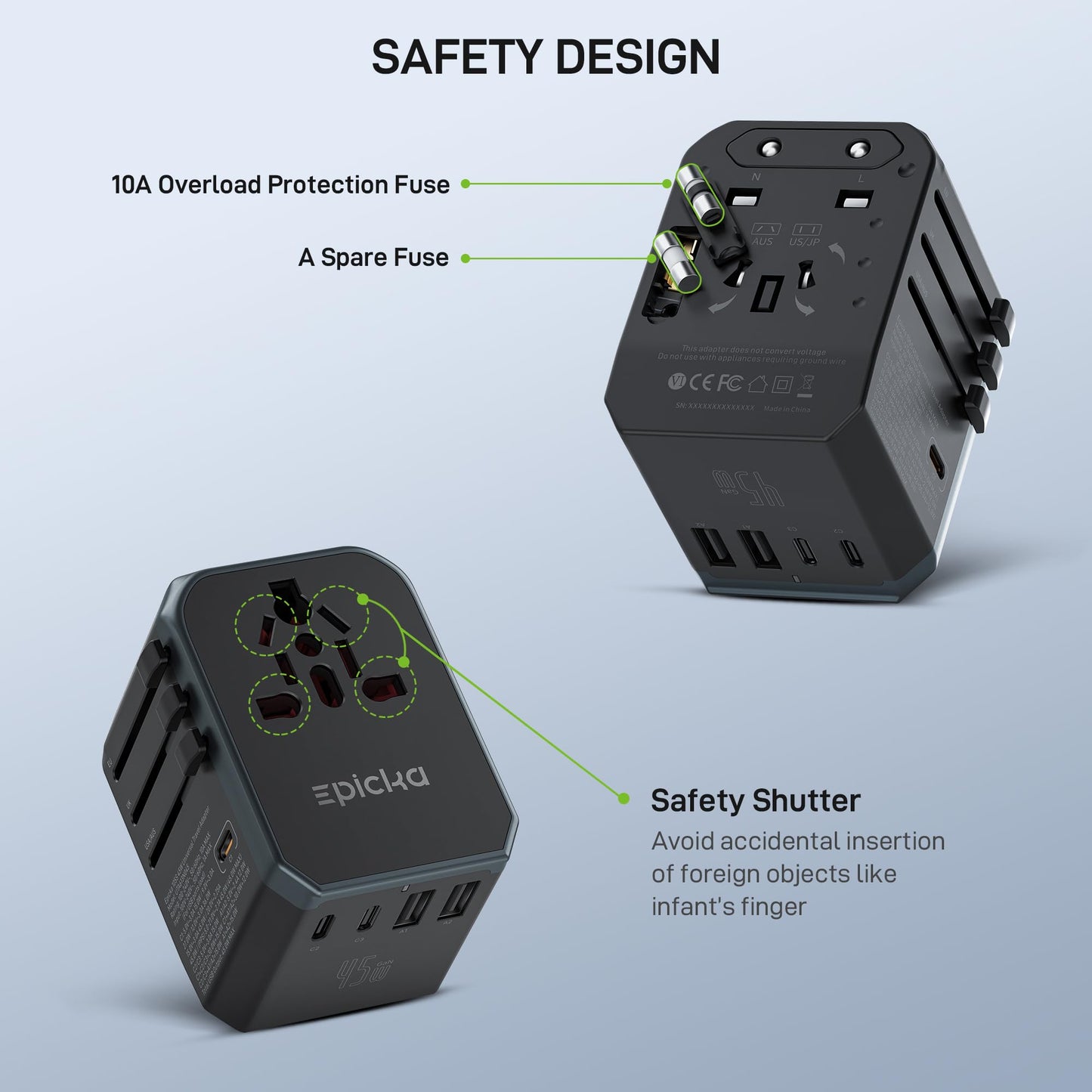 EPICKA 45W Universal Travel Adapter PD&QC, 1AC/4USB-C/1USB-A