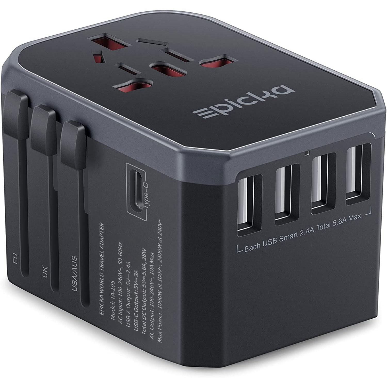 EPICKA Universal Travel Adapter with 1AC/1 USB-C/4 USB-A Ports