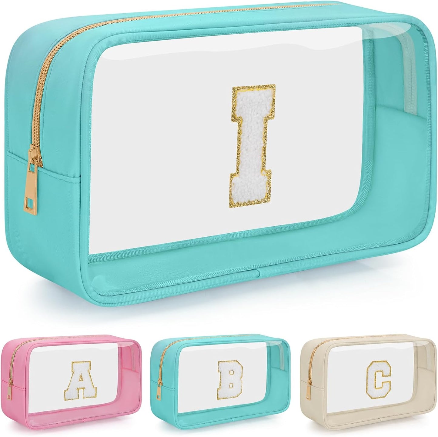 Personalized Initial Clear Makeup Bag, Travel Chenille Patch Cosmetic Bag, Preppy Toiletry Bag Monogram Cosmetic Pouch with Zipper, Ideal Gift for Teen Girls Women (Clear-Green, I)