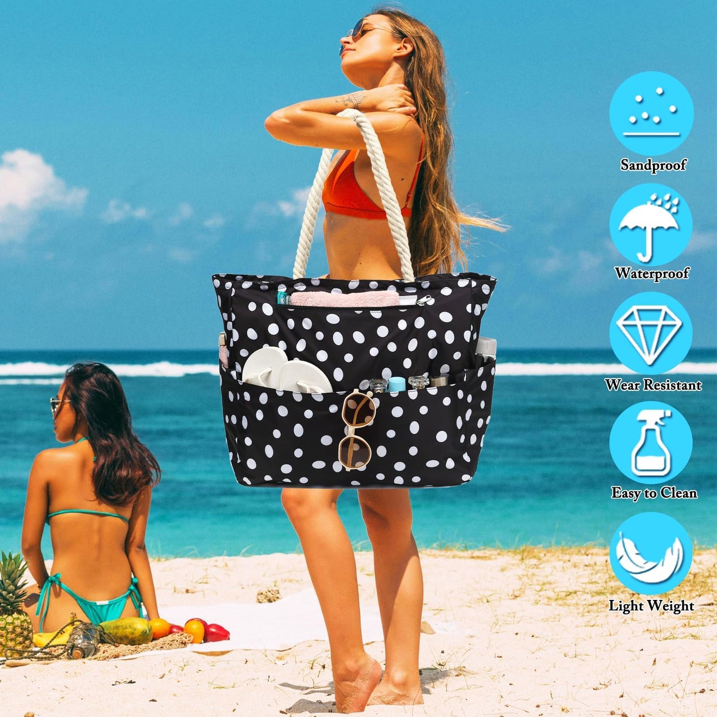 Large Beach Bag for Women, Waterproof Travel Tote Bag with Lunch/Wet Pocket for Weekender, Sandproof, Zipper Closure