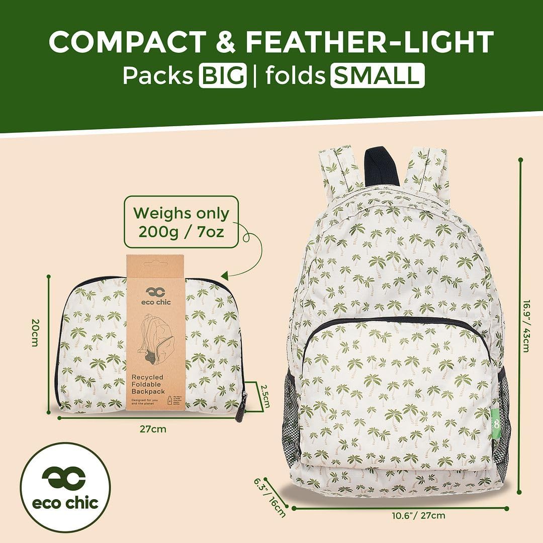 ECO CHIC Hiking Lightweight Packable Backpack - Foldable Daypack for Travel & Hiking & Outdoor Adventures - Waterproof Backpack from Recycled Materials (Palm Tree Beige)