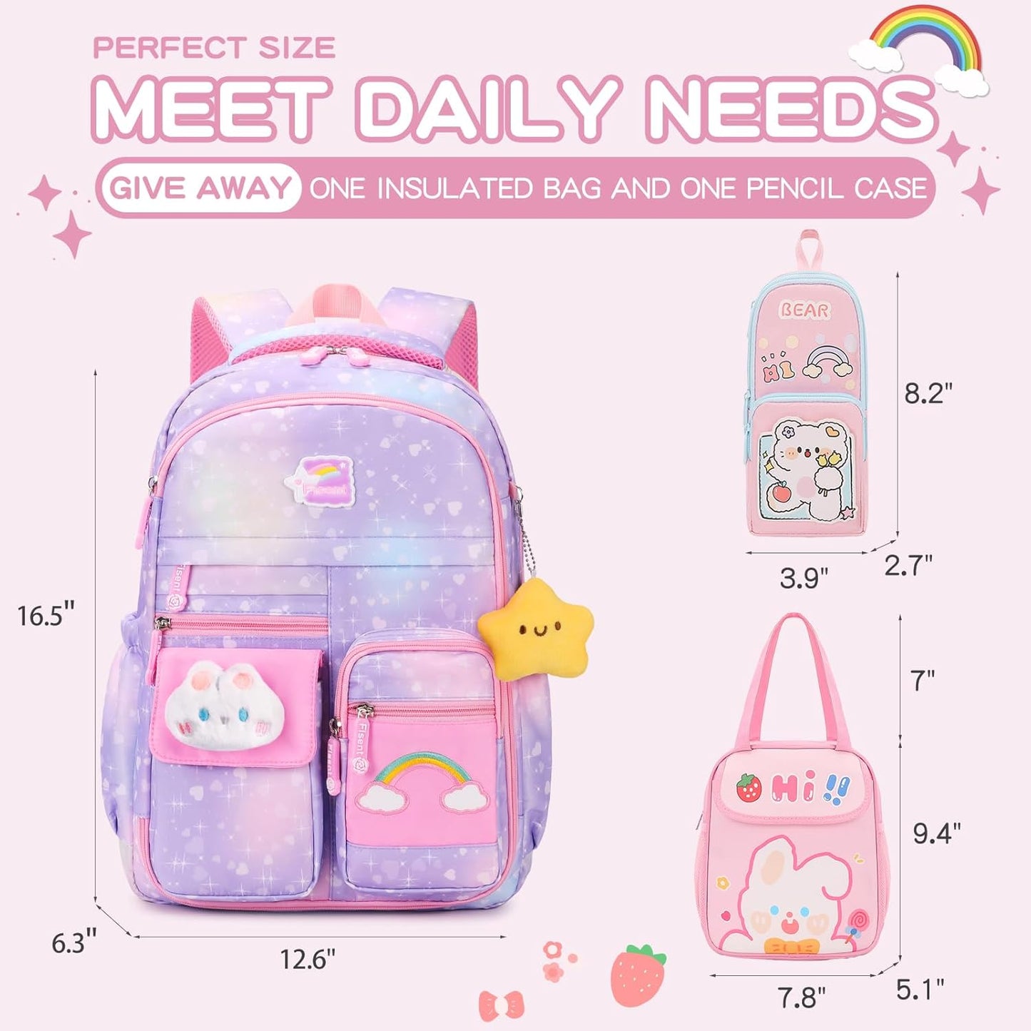 3PCS Kids Backpack for Girls, Girls Backpack Set,Cute Bunny Rainbow School Backpack with Lunch Box Pencil Case 16.5in