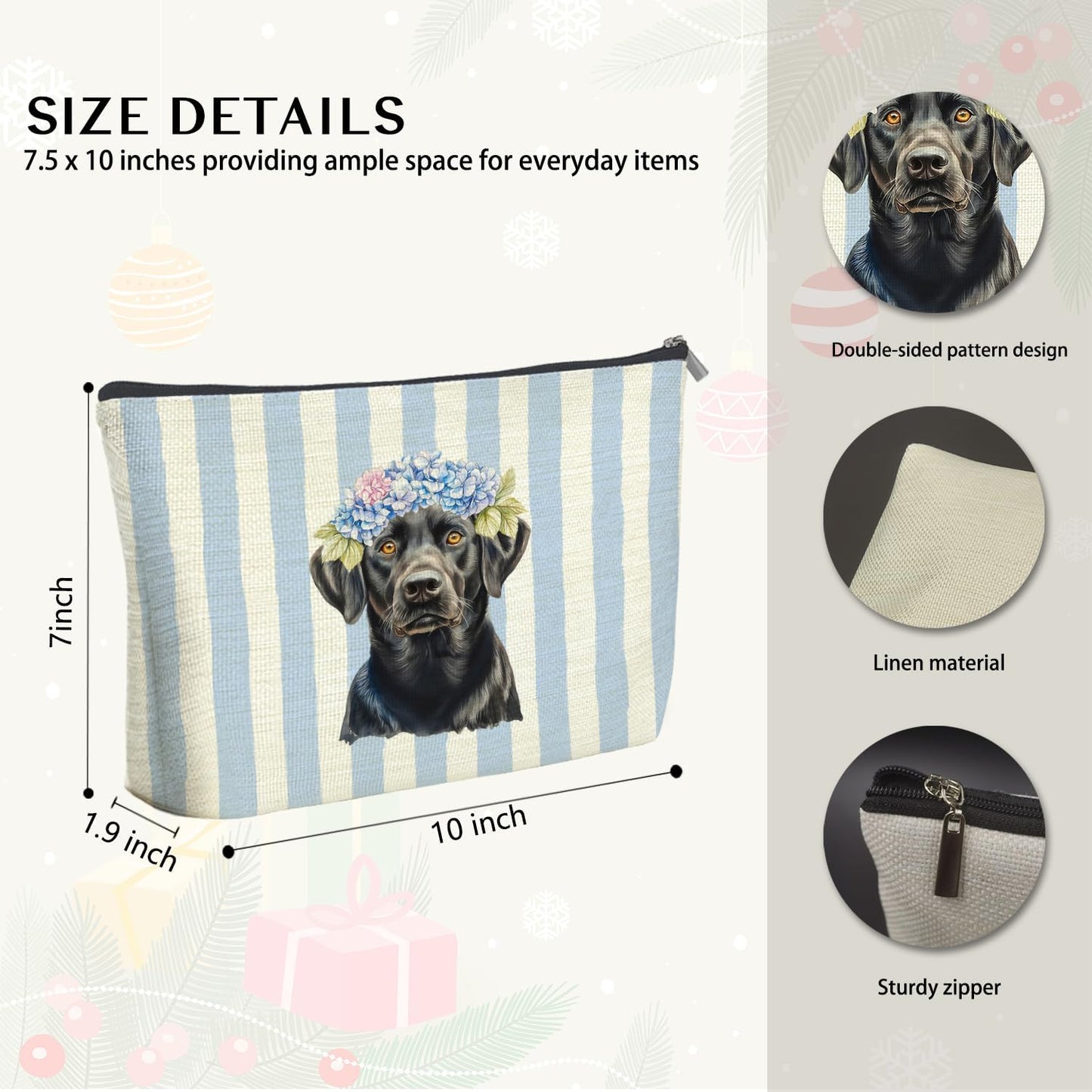 Blue Hydrangea Labrador Retriever Makeup Bag Gifts for Women, Black Labrador Gifts Cosmetic Bag, Blue Striped Lab Dog Zipper Makeup Pouch Travel Toiletry Bags