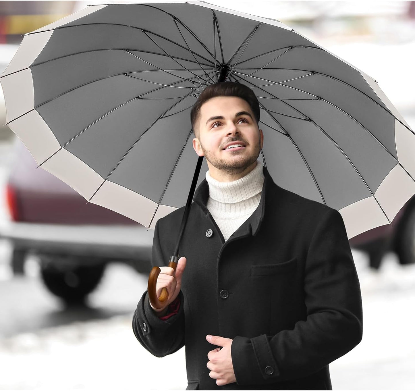 G4Free 54 Inch Large Windproof Umbrella for 2 Persons, 16 Ribs Auto Open Classic Wooden J Handle Cane Stick Golf Rain Umbrellas for Men Women Travel 120cm