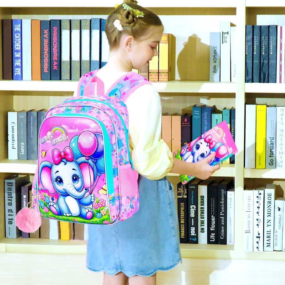CCJPX 3PCS Backpack for Girls, 16”Elephant Bookbag with Lunch Box, Kids Water Resistant Elementary