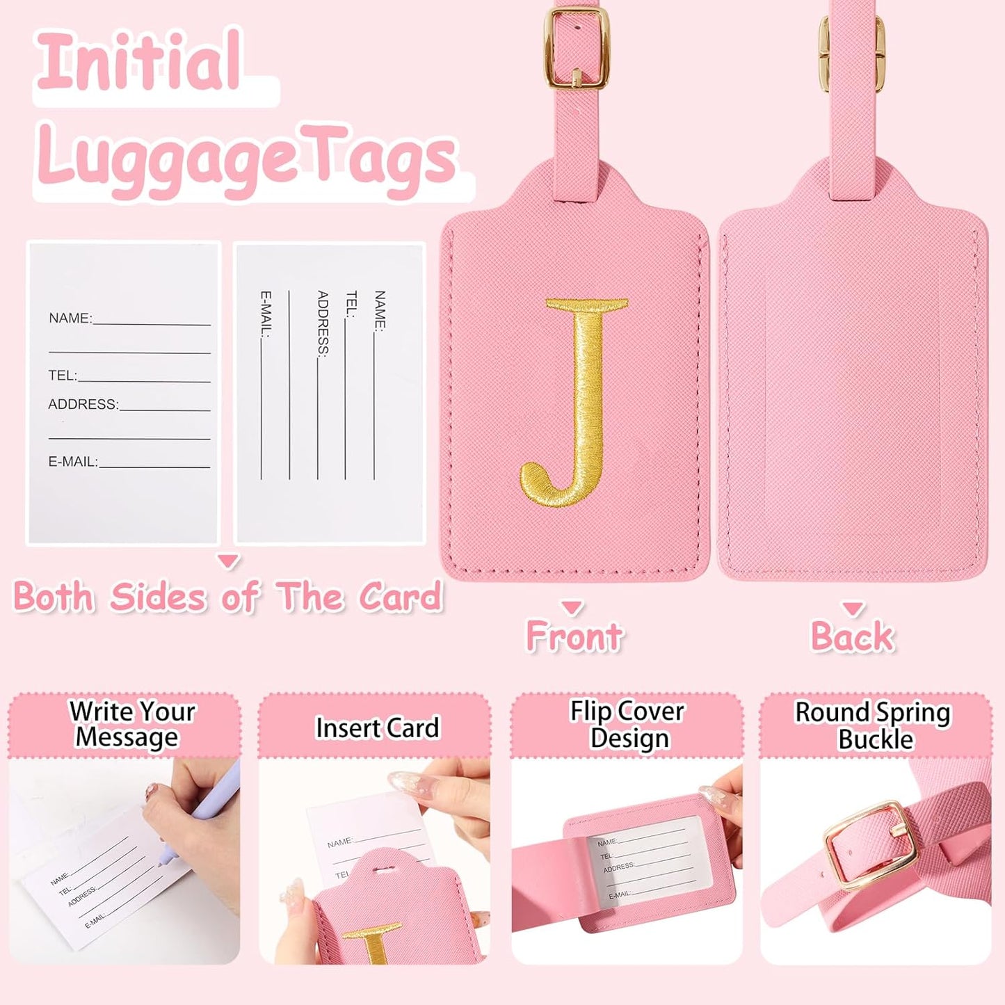 Personalized Initial Luggage Tags for Suitcases, Cute PU Leather Embroidered Letter Travel Luggage Tags, Suitcase Identifier Name Baggage Tag, Bag Tags for Men Women Kids Luggage Handbags(Pink J)