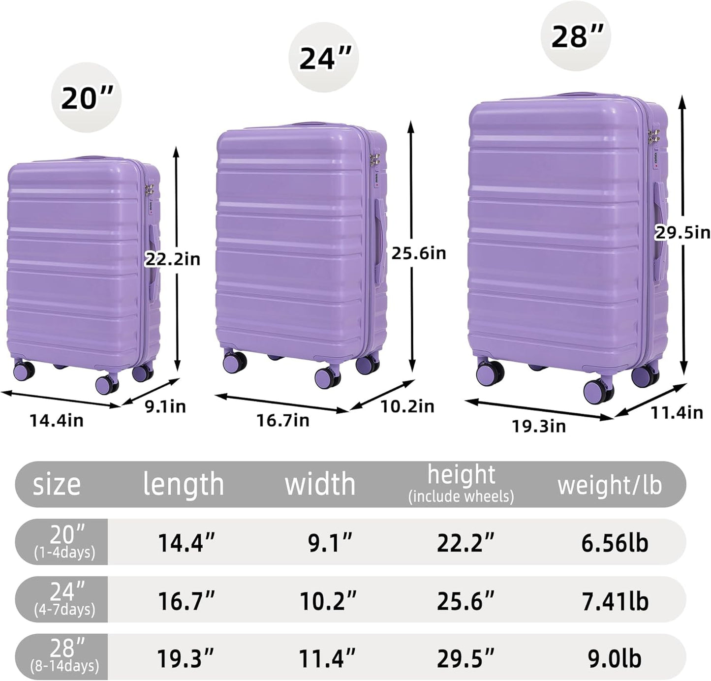 Campfun 3 Piece Luggage Sets, ABS Suitcase Set with Double Spinner Wheels Hang Hook, Durable Carry On Luggage with Combination Lock, 20/24/28 inch, Purple
