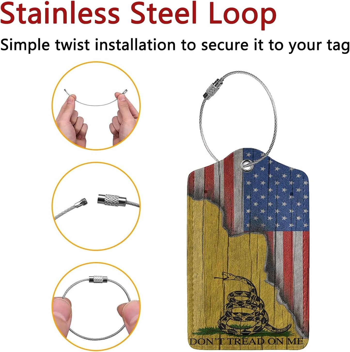 2 Pack Luggage Tags for Suitcase, Privacy Cover ID Label with Stainless Steel and Address Card for Travel Bag Backpack Cruise Ship Essentials Tag Women Men - Don't Tread On Me American Flag