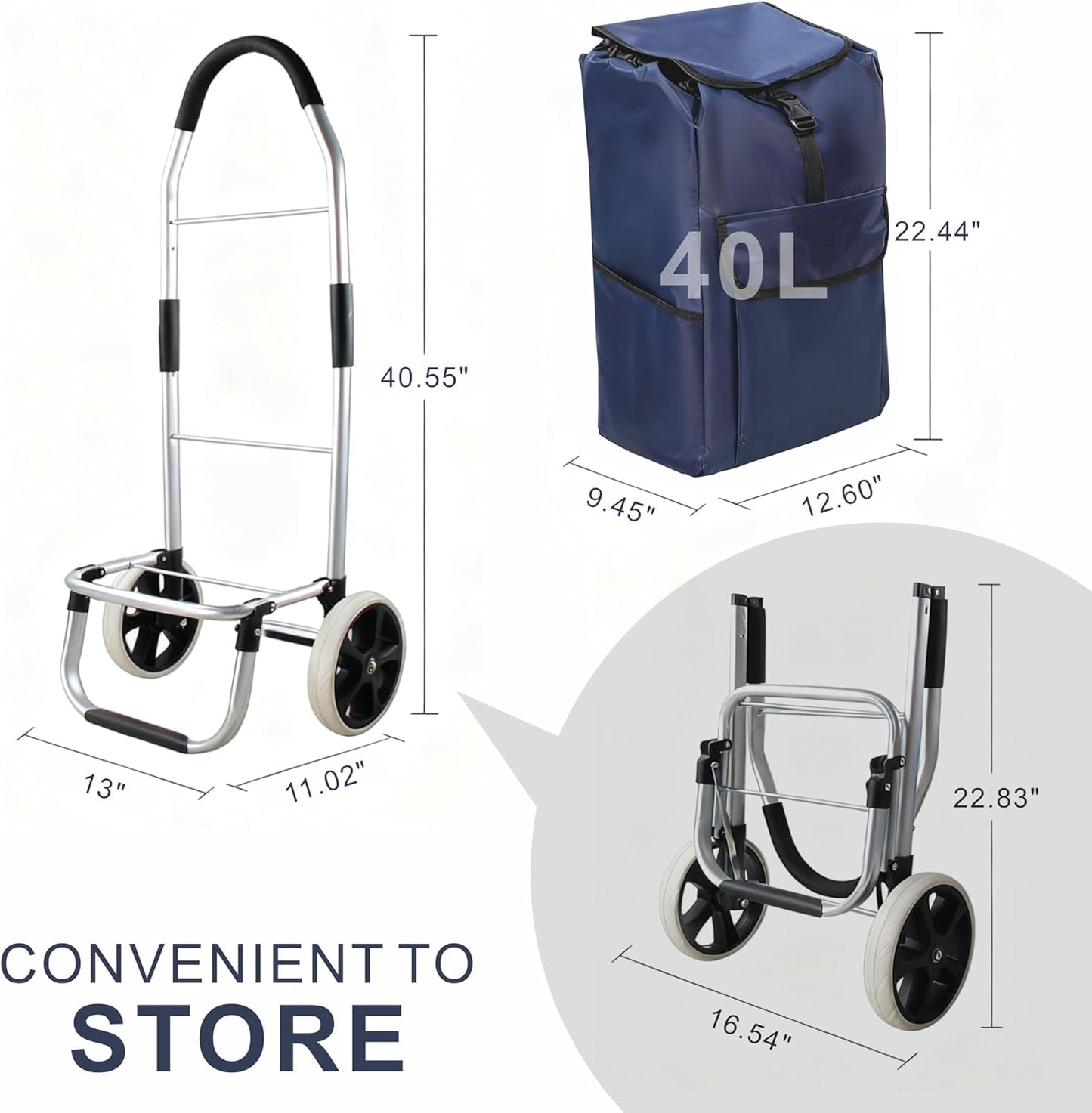 Heavy Duty Foldable Shopping Trolley with Wheels Oxford Waterproof Cart Removable Bag for Groceries Laundry Travel (Blue-2 Wheels)