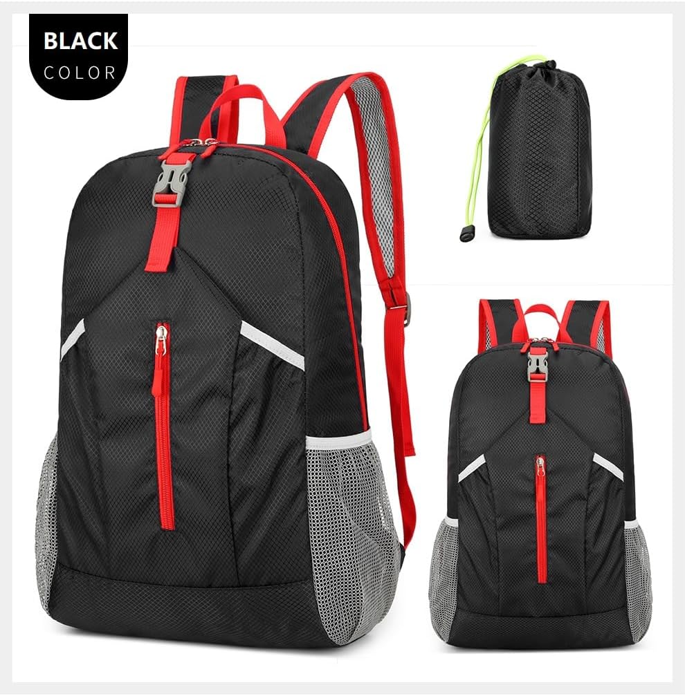 25L Foldable Hiking Backpack Lightweight Packable Basic-Daypack Collapsible Bag Water-Resistant Travel Men Women Camping Cycling Outdoor (Black)