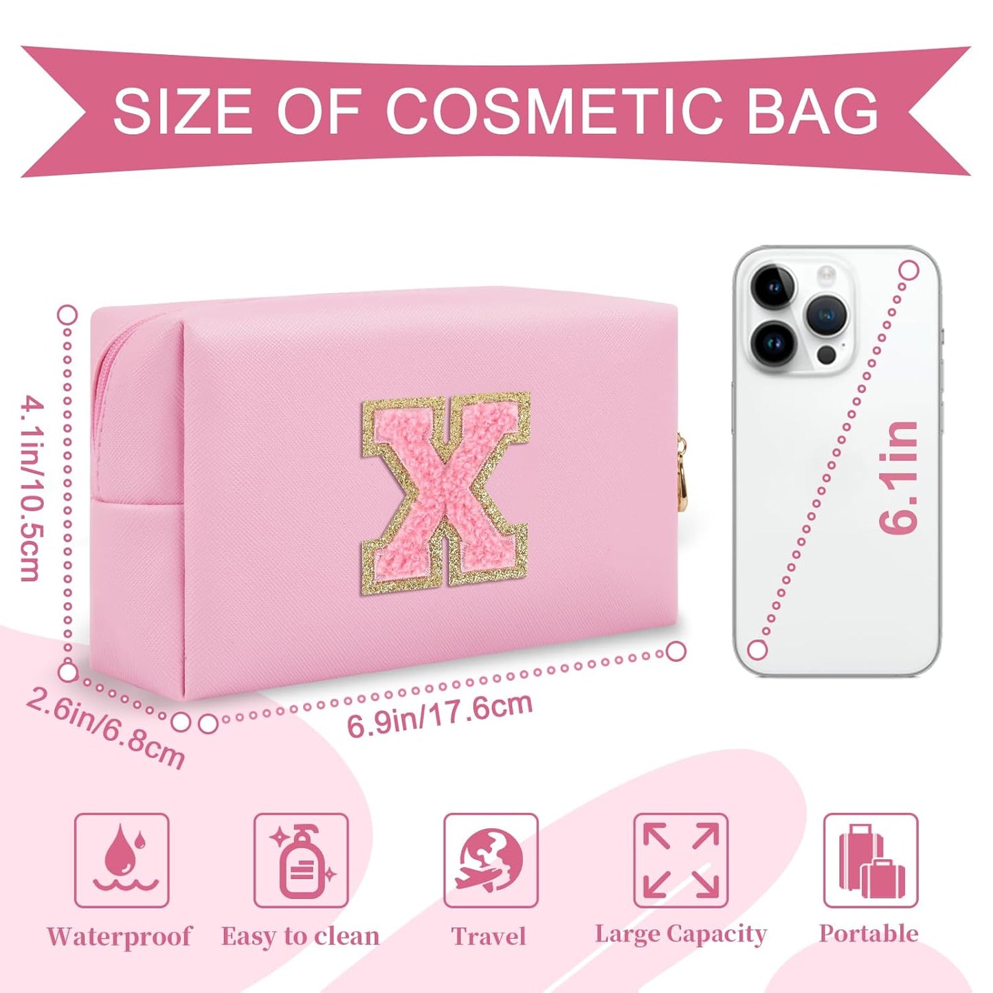 Personalized Initial A-Z Preppy Patch Makeup Bag,Small PU Leather Chenille Letter Cosmetic Bag with Zipper for Teen Girls,Pink Cute Travel Toiletry Bag,Birthday Monogrammed Gift for Daughter,Letter X