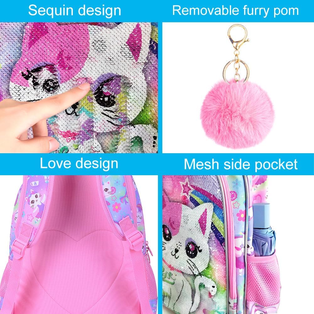 UFNDC 3PCS Backpack for Girls with Lunch Box,16”Kids Sequin Bookbag with Lunch Box, School Bag for