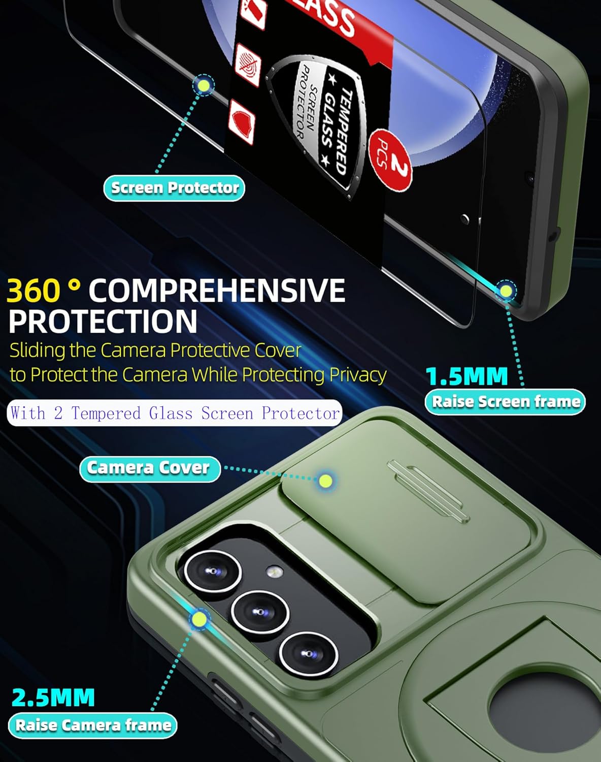 for Samsung Galaxy S23 FE Case Magnetic Compatible with MagSafe Wireless Charging,with 2 Screen Protectors,Built-in Stand Ring+Camera Cover Anti-Scratch Shockproof Heavy Duty Protection Green