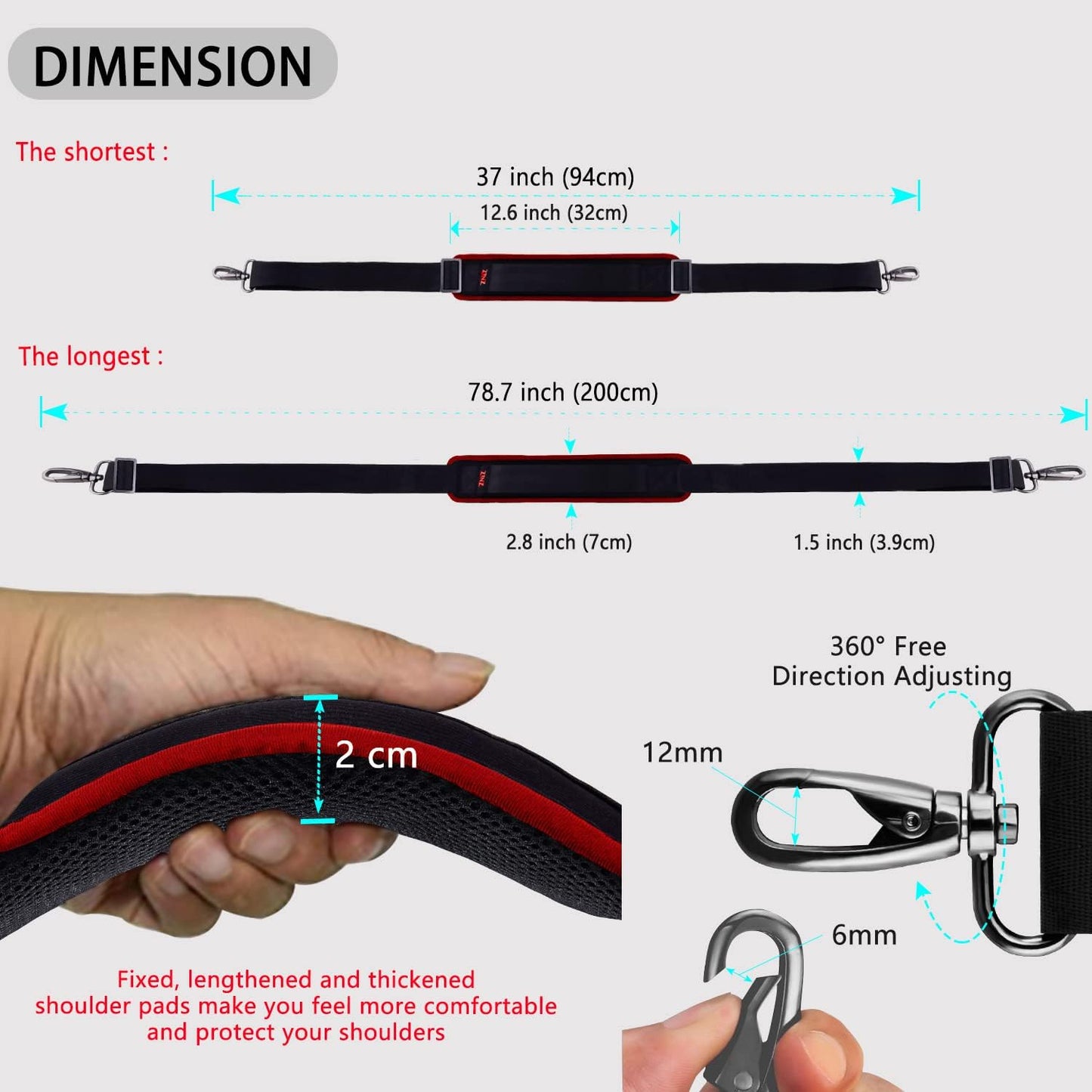 ZINZ 79 inch Shoulder Strap, Extra-thick Fixed Cushion Pad and Dual Clasps Universal Replacement Strap with Metal Swivel Hooks for Laptop Bags, Luggage Bags, Camera, Crossbody (200cm,Wine Edge)