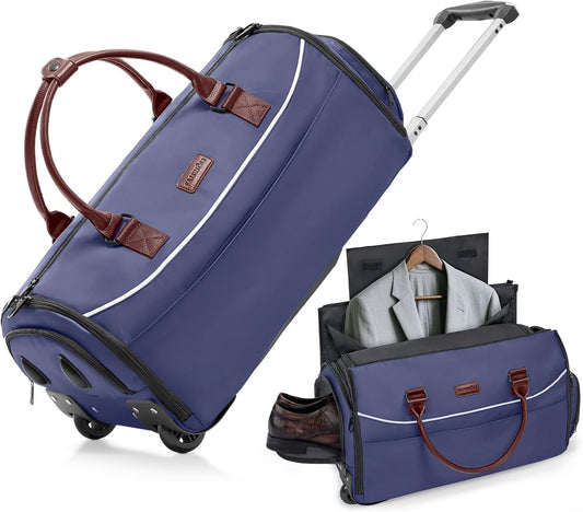 Fanwoli Carry-On Rolling Garment Bag for Travel, 3-in-1 Wheeled Luggage with Shoe Storage & Detachable Organizer, Convertible Duffel Bag for Men Women Business Trips Weekender, Wrinkle-Free (Blue)