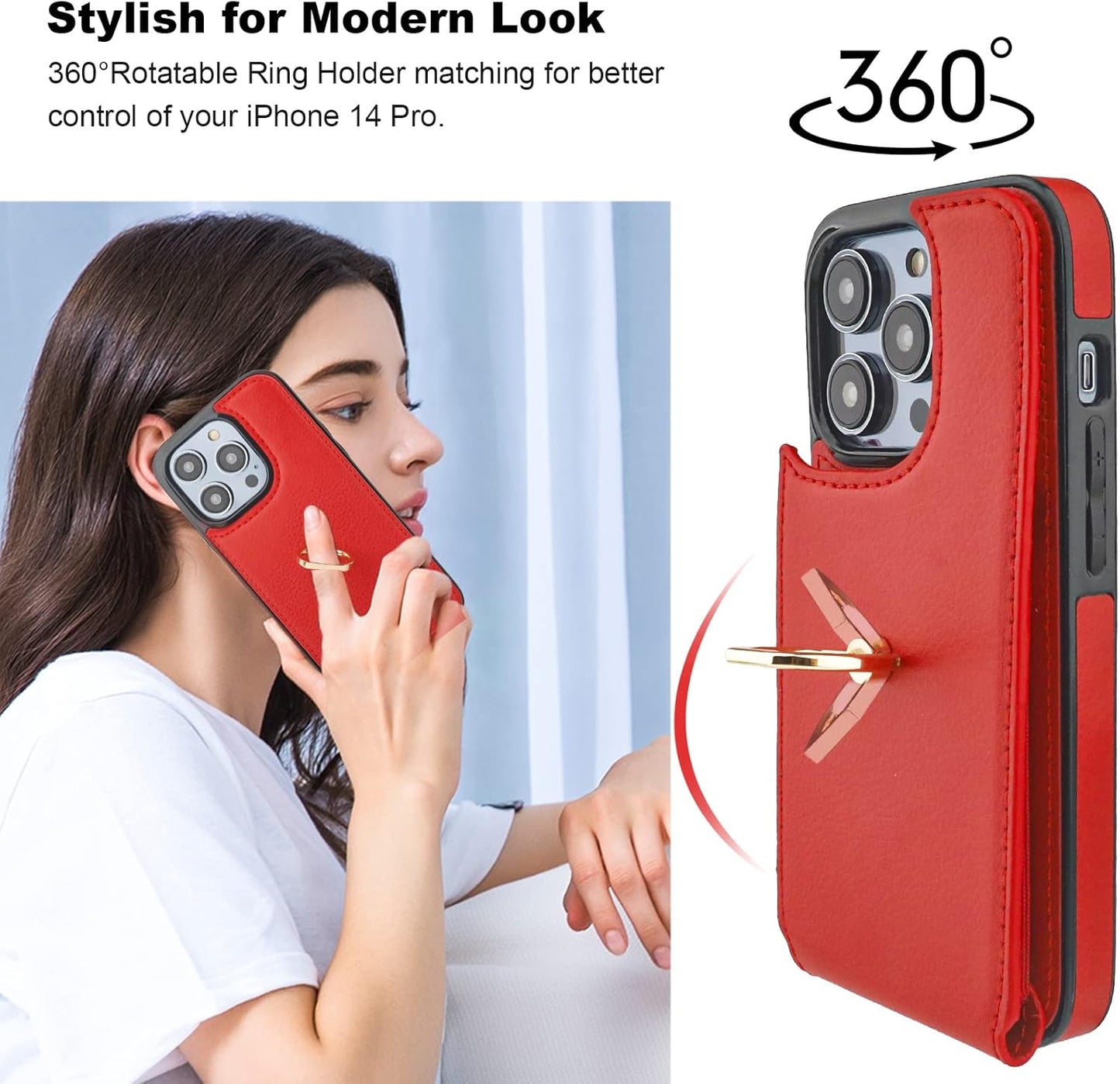 Folosu Compatible with iPhone 14 Pro Case Wallet with Card Holder, 360°Rotation Finger Ring Holder Kickstand, RFID Blocking Leather Protective Double Buttons Shockproof Cover 6.1 Inch Red