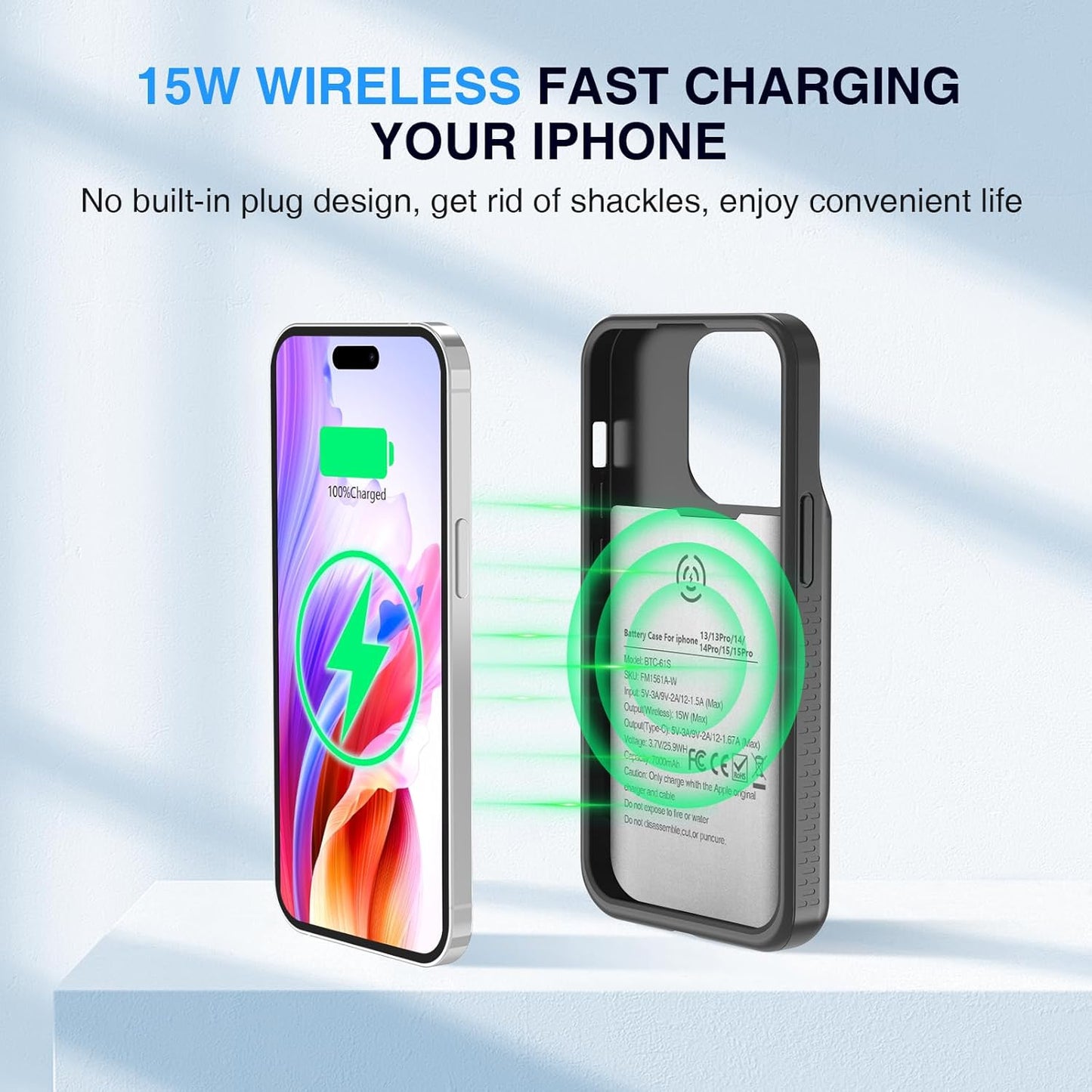 Battery Case for iPhone 13/13 Pro/14/14 Pro/15/15 Pro, Ultra-Slim Wireless Fast Charging Case Extend Rechargeable Anti-Fall Soft-TPU Charger Case for iPhone 13/13 Pro/14/14 Pro/15/15 Pro 6.1"