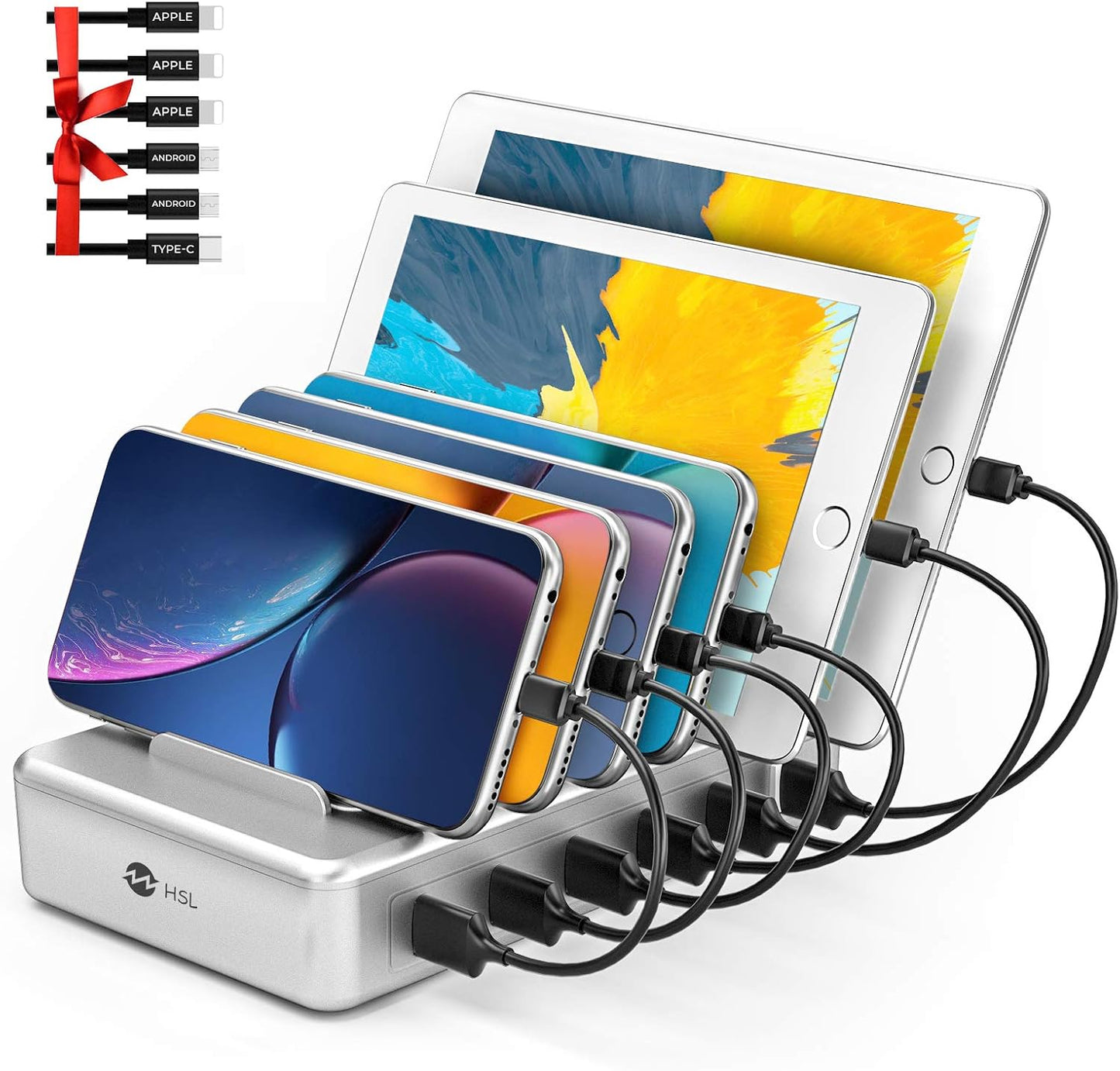 Charging Station for Multiple Devices - 6 Port Fast Charging Station for iPhone iPad Android and Tablet - Multi Charging Stations - Phone Charging Stations with 6 Mixed Cables Included(UL Certified)