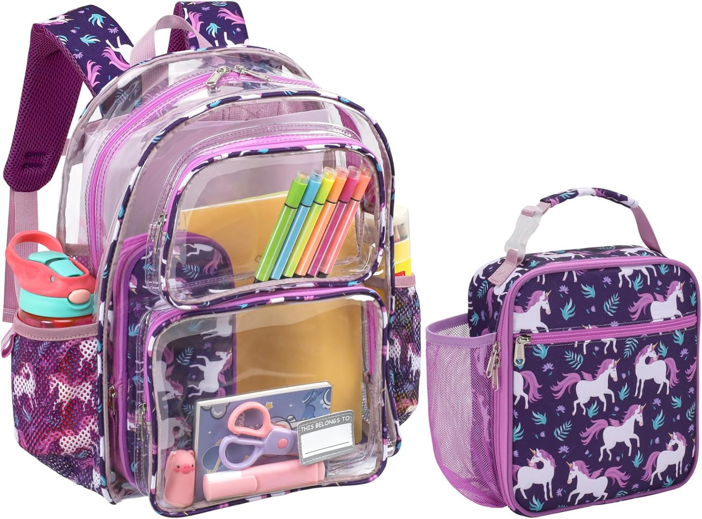 Bagseri 2pcs Clear Backpack for Girls - 15 Inch Backpack and Lunch Bag Set, Heavy Duty Transparent Bookbag for School, See Through Bag for Kids Aged 3 to 8, Deep Purple Unicorn
