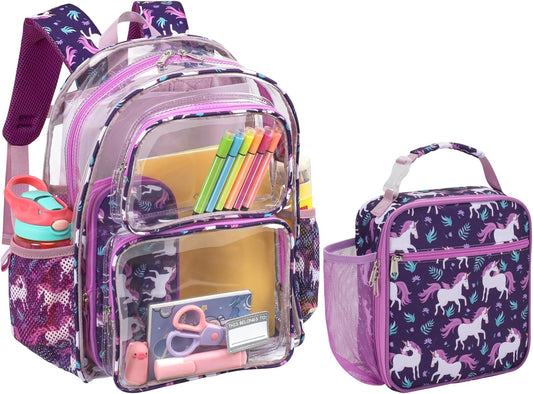 Bagseri 2pcs Clear Backpack for Girls - 15 Inch Backpack and Lunch Bag Set, Heavy Duty Transparent Bookbag for School, See Through Bag for Kids Aged 3 to 8, Deep Purple Unicorn