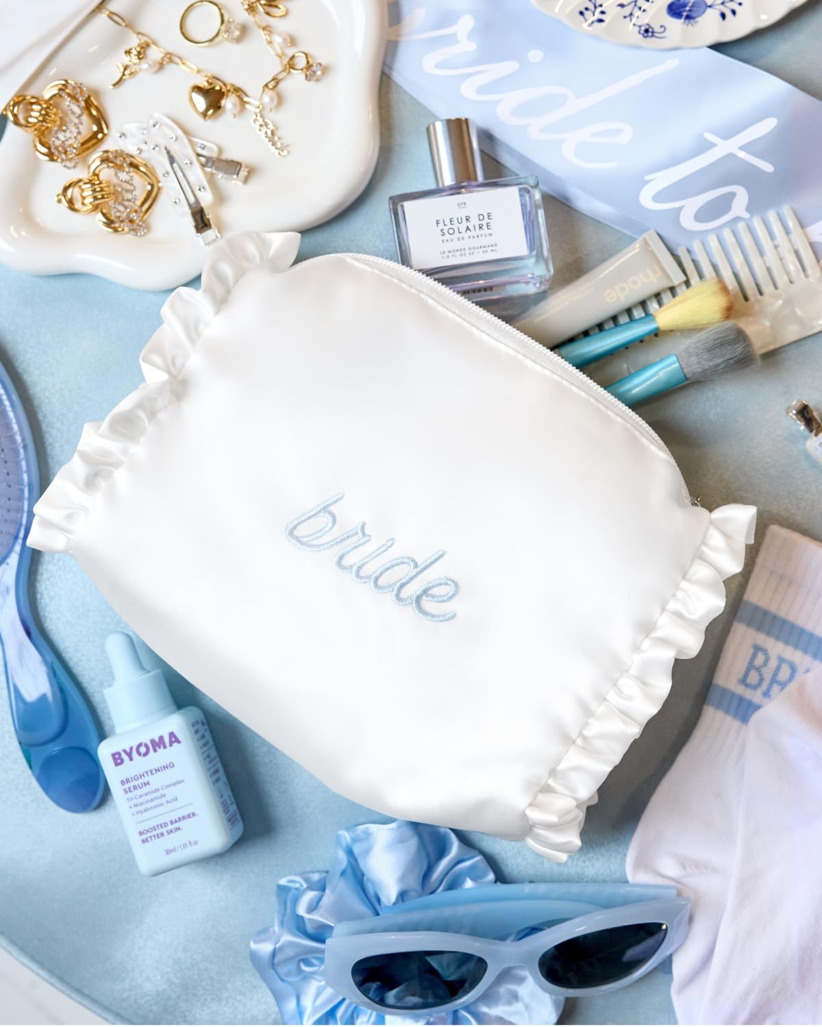 xo, Fetti White Satin Bride Cosmetic Bag | Bachelorette Party Decorations, Bride To Be Purse