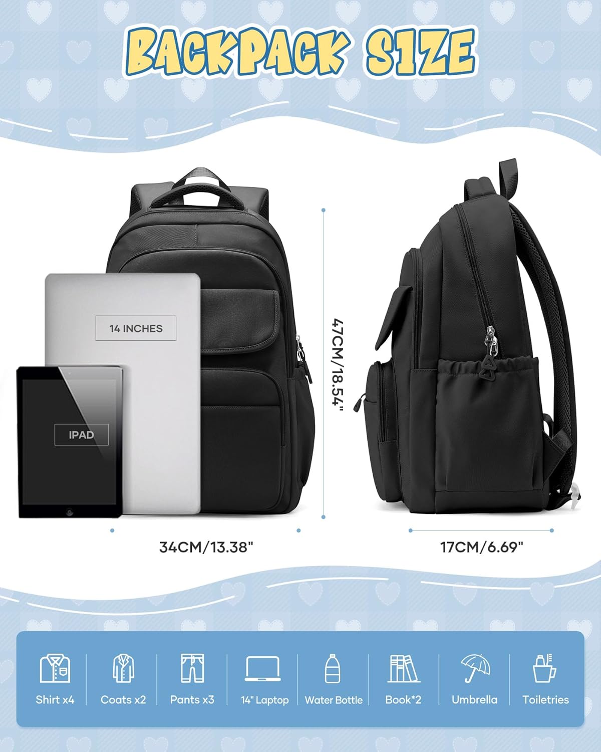 Black School Backpack for Women Men Cute Backpack for College Students Lightweight High School bag for Teens Girls Boys Waterproof Casual Daypacks Bookbag